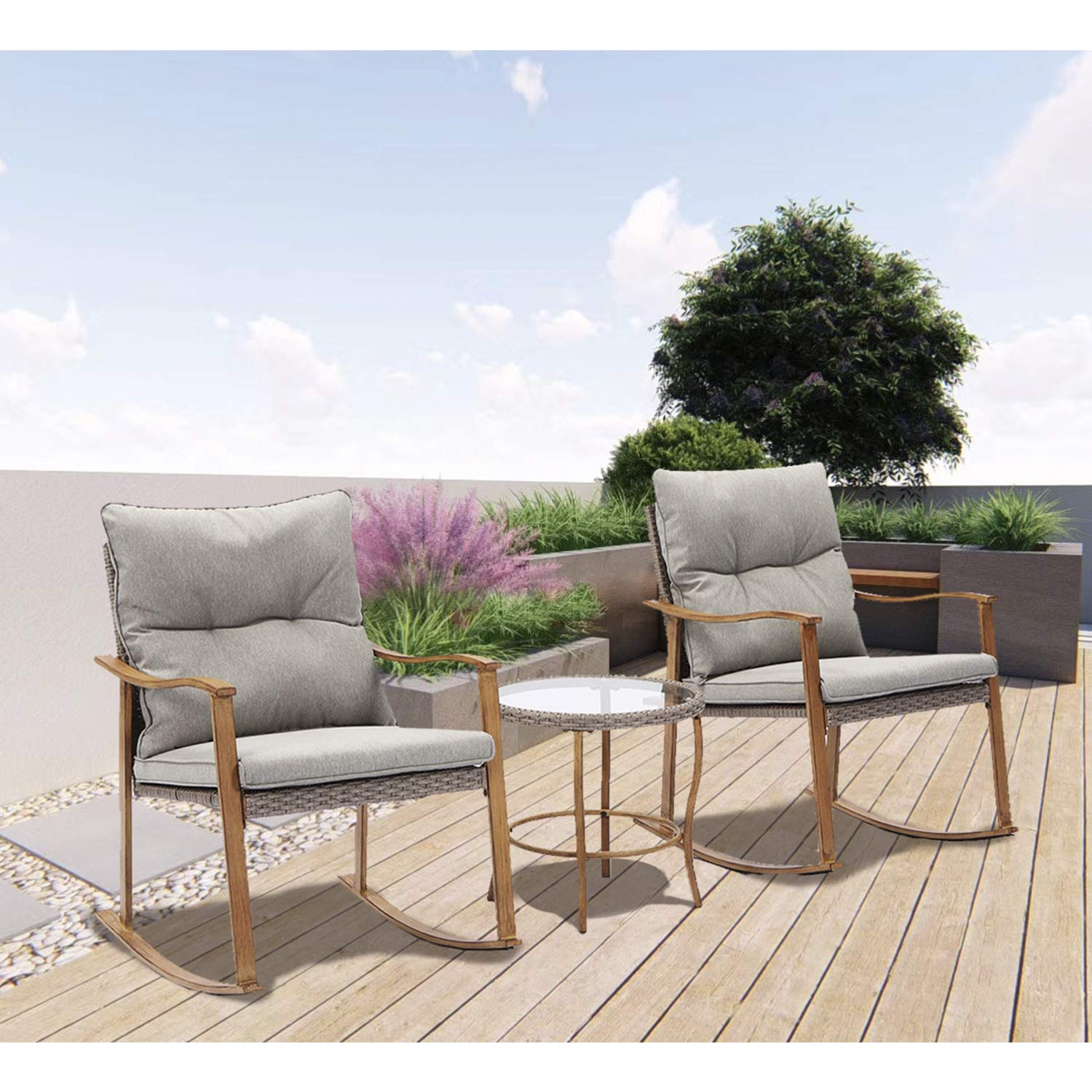Modern SUNBURY 3-Piece Outdoor Rocking Bistro Set with Cushions & Glass Coffee Table - Woodgrain Wicker Patio Furniture for Sunroom, Porch or Garden - Perfect for Relaxing, Entertaining & Outdoor Conversations
