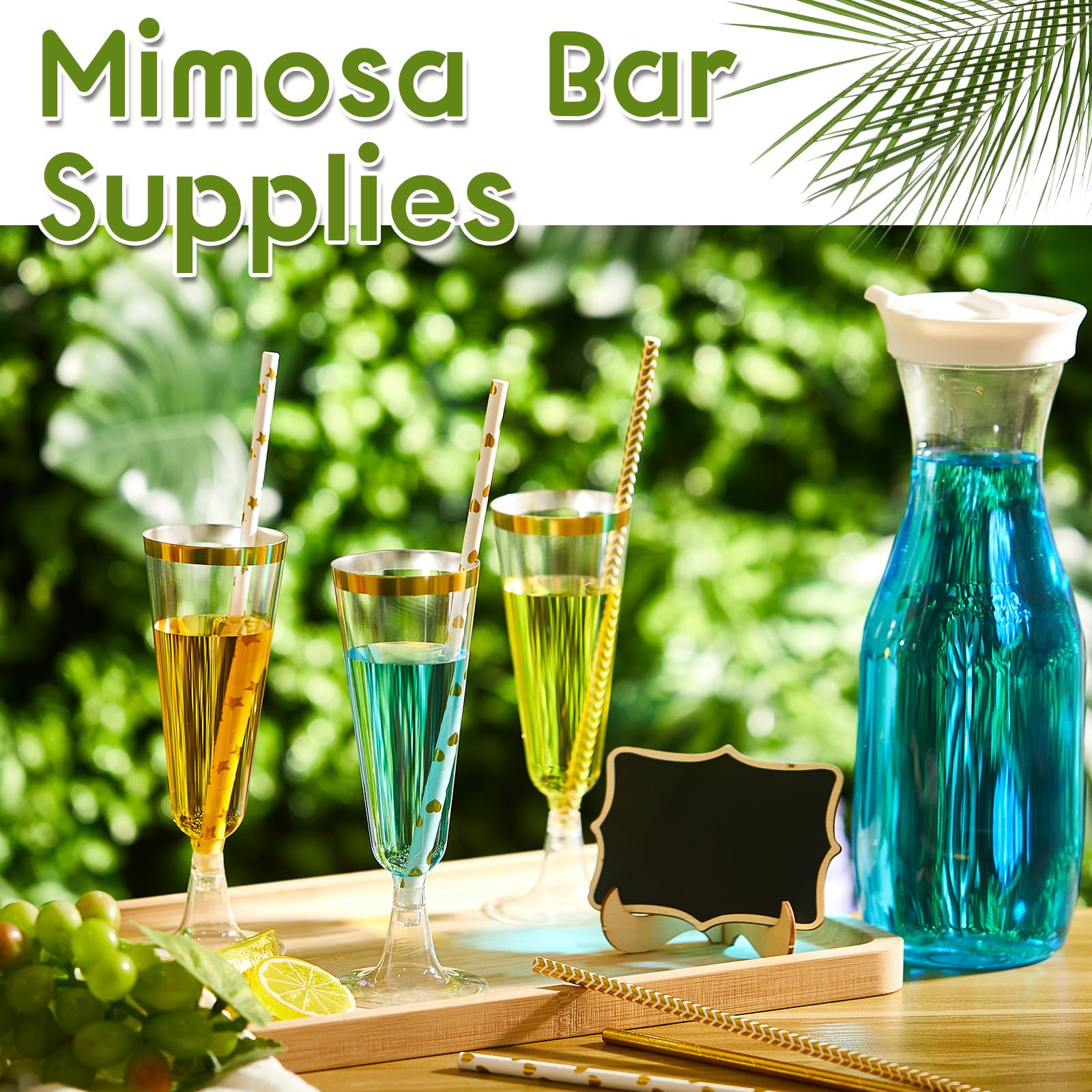 82-Piece Mimosa Bar Set - Plastic Water Carafes with Lids, Champagne Flutes, Pitchers, Serving Bowls, Tongs, Chalkboard Stickers & Straws - Vivid Colors Classic - Perfect for Brunch Parties, Bridal Showers & Outdoor Events