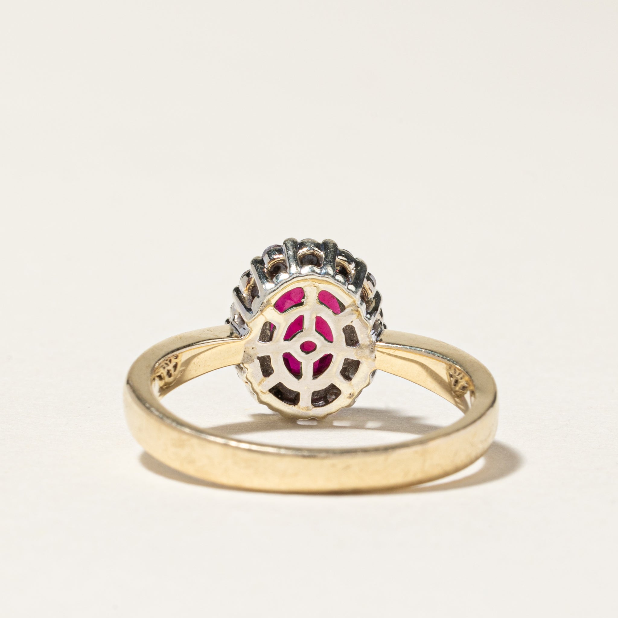 10K Gold Plated Synthetic Ruby & Diamond Halo Engagement Ring - 1.50ct Oval Ruby with 0.22ctw Round Diamonds - Size 7.5 - Perfect for Anniversary Gifts, Valentine's Day & Bridal Jewelry