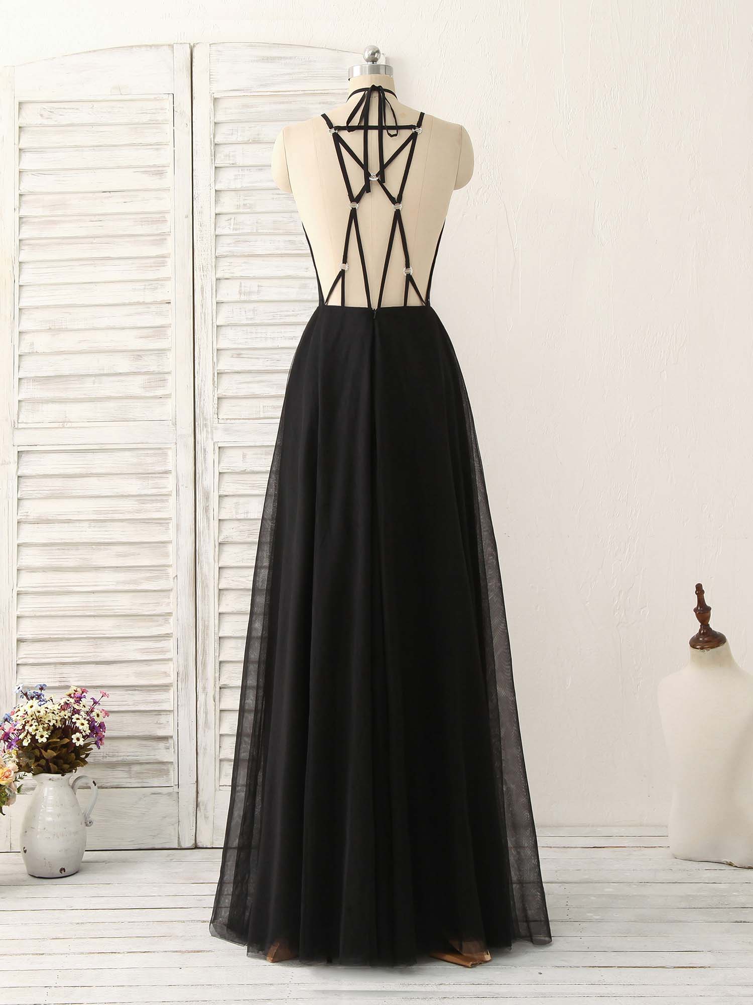 Elegant Black Tulle Backless Long Prom Dress - Sexy Evening Gown for Formal Events, Parties & Special Occasions