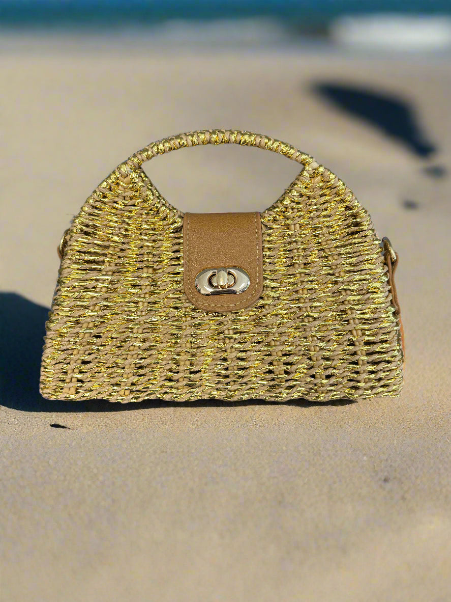 Stylish Small Raffia Handbag in Gold & Taupe - Perfect for Beach Vacations, Summer Outings & Boho Fashion