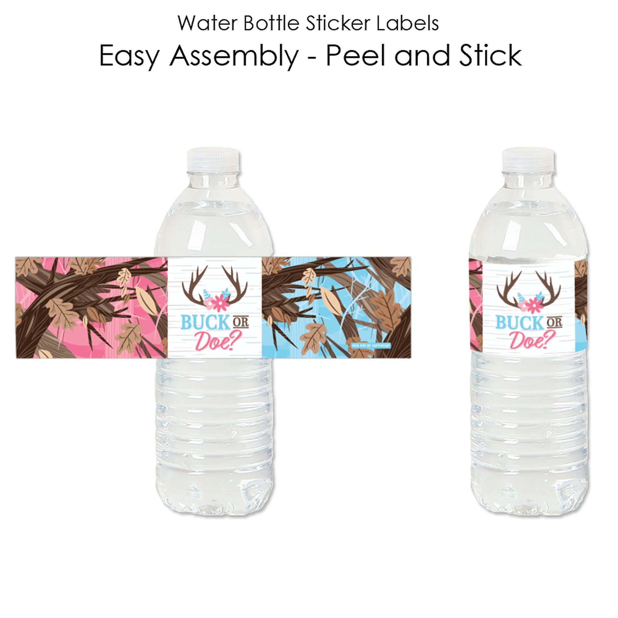 Big Dot of Happiness Buck or Doe Hunting Gender Reveal Party Stickers - 20-Pack Water Bottle Labels for Baby Shower, Gender Announcement & Outdoor Celebrations