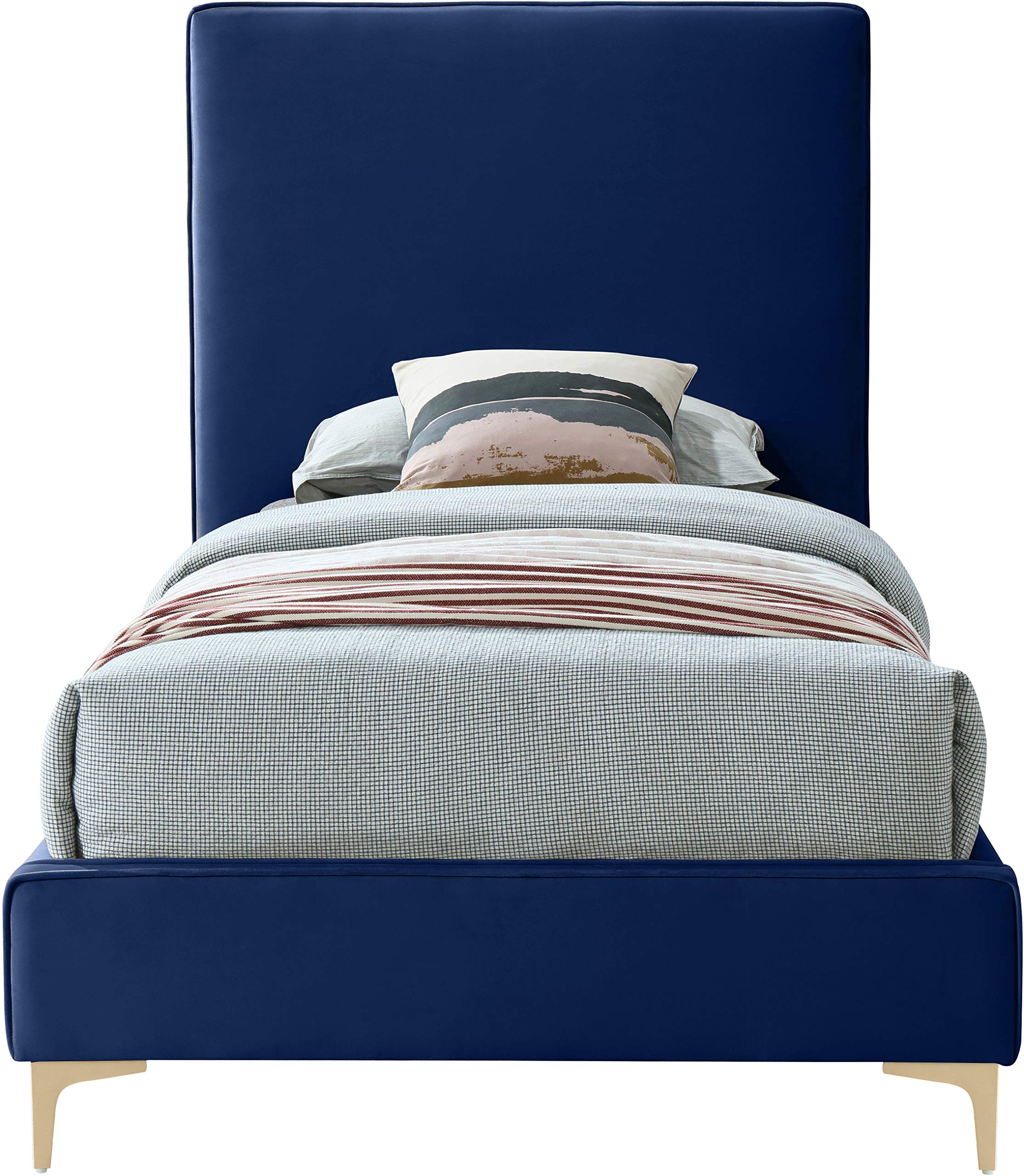 Modern Velvet Upholstered Twin Bed with Gold/Chrome Finish - Navy Blue Geri Collection by Meridian Furniture | Luxury Bedroom Decor for Contemporary Homes & Guest Rooms
