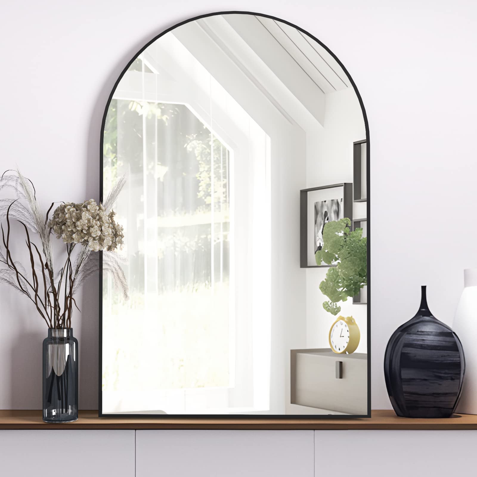 NEUWEABY 20x30 Inch Arched Wall Mirror - Black Metal Frame Bathroom Vanity Mirror for Mantle, Bedroom, Entryway & Living Room Decor | Perfect for Home Decor, Makeup Application & Space Enhancement