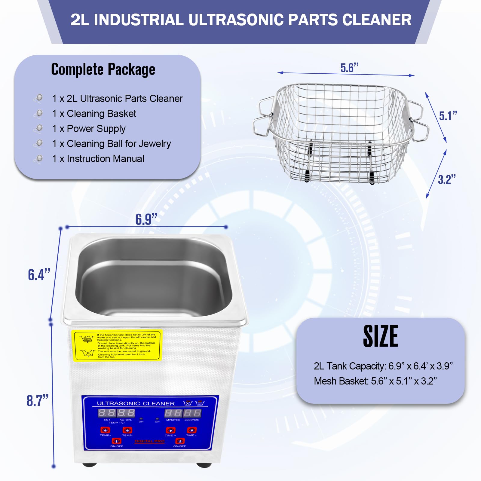 2L Industrial Ultrasonic Carburetor Cleaner Machine with Heater & Digital Timer - 110V Automotive Parts Cleaner for Carb Repair, Tools & Engine Components - Perfect for DIY Mechanics & Professional Auto Shops