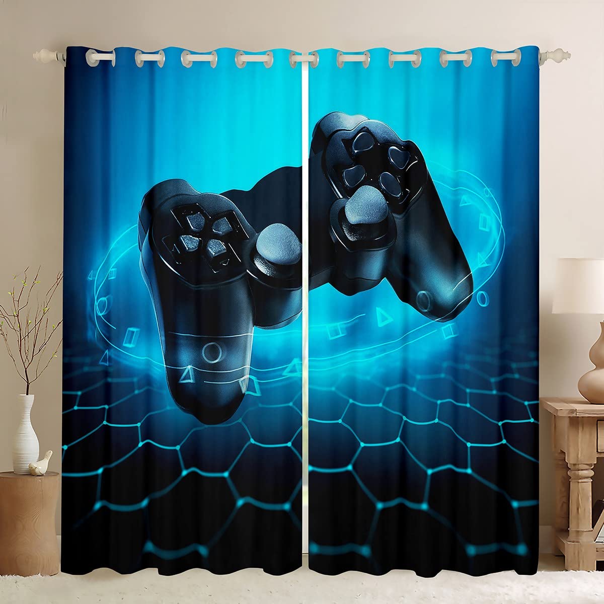 Erosebridal Video Game Curtains for Teens & Kids - Black Blue Gamepad Design Honeycomb Window Drapes (2 Panels, 42x84 Inches) - Perfect for Gamer Bedroom & Living Room Decor | Great Gift for Boys Who Love Gaming