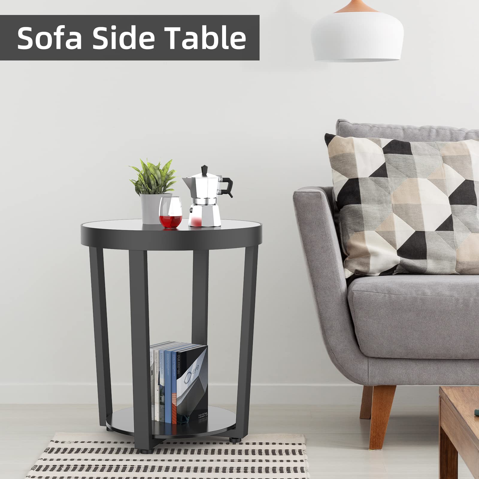 Round End Table with Tempered Glass Top & Metal Frame - Modern Small Coffee Table & Black Sofa Side Table for Living Room, Bedroom, Balcony & Office - Perfect for Drinks, Books & Decor