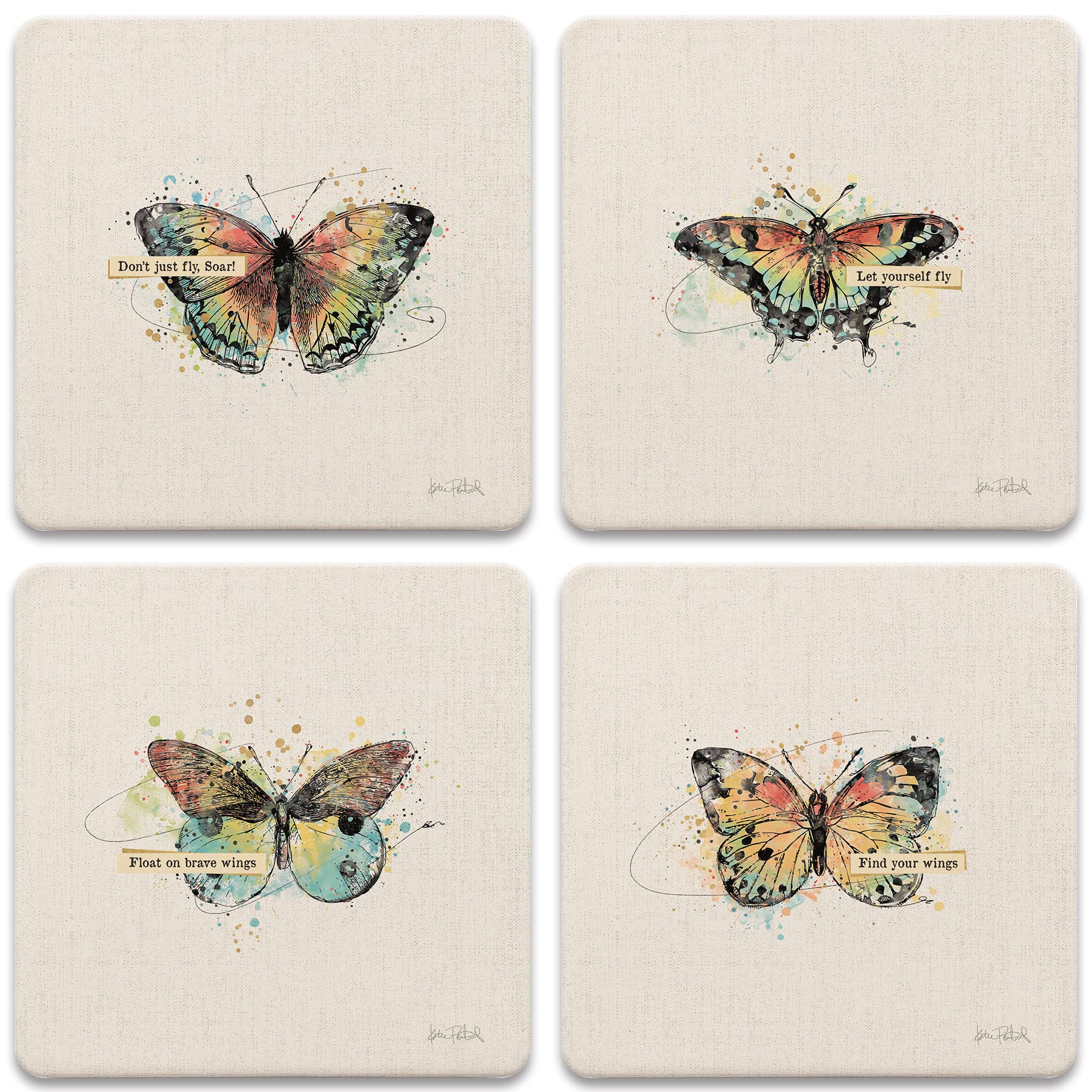 Thoughtful Butterflies Coasters Set of 4 - 4.25 Inch Absorbent Stone Coasters for Drinks - Perfect for Home, Office, or Gift Giving