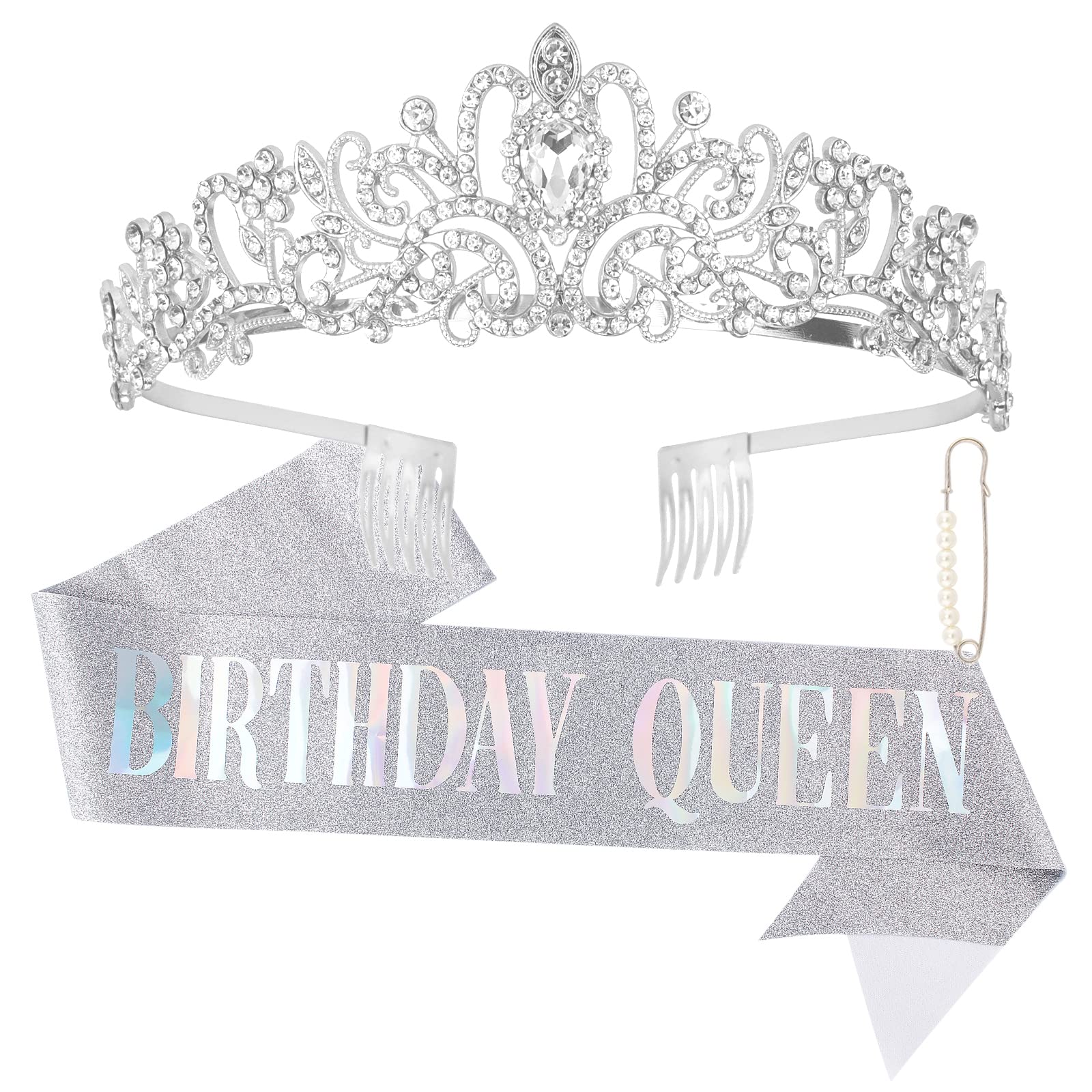 Silver Birthday Crown & Queen Sash Set for Women - Elegant Tiara & Birthday Party Decorations - Perfect for Birthday Celebrations, Bachelorette Parties & Special Occasions