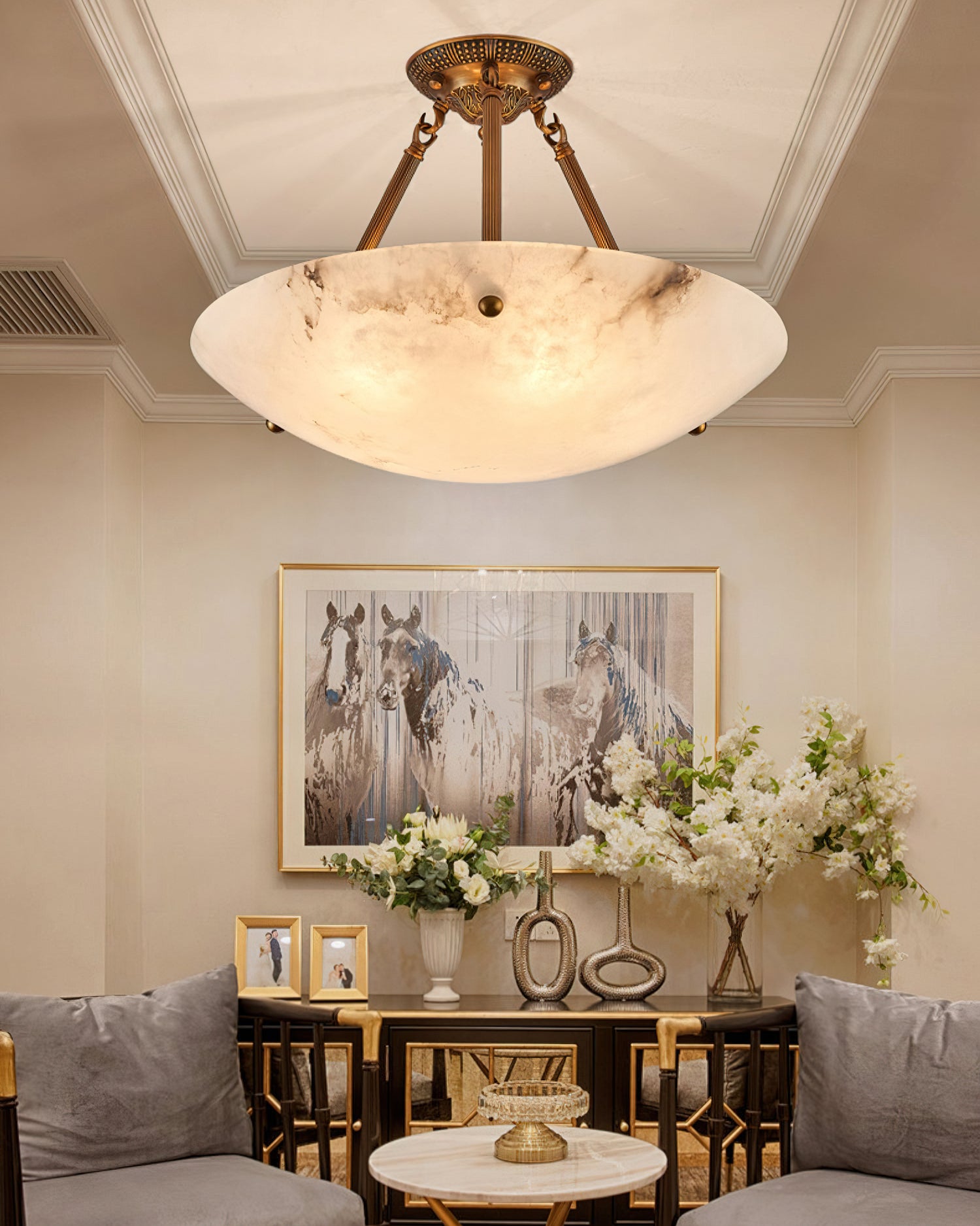 Alabaster Bowl Ceiling Light Fixture - Modern Handcrafted Stone Pendant Lamp for Dining Room, Living Room & Bedroom Lighting
