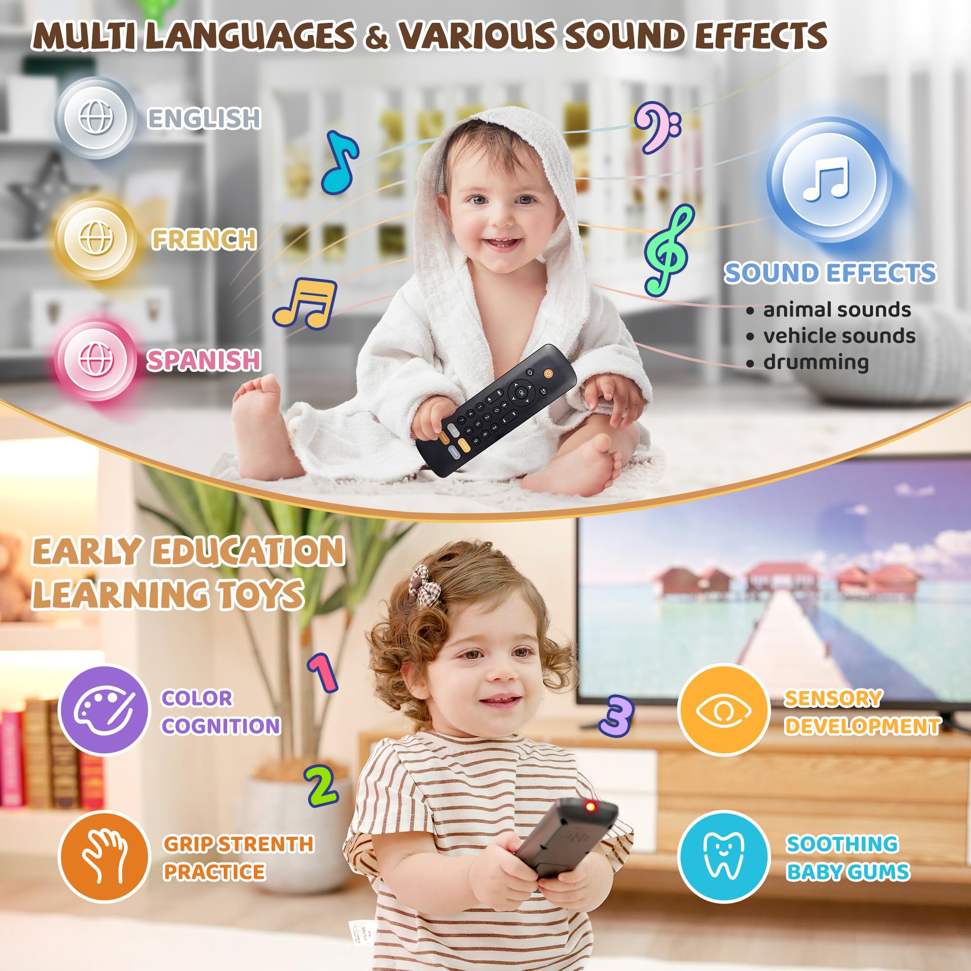 Baby TV Remote Toy with Lights & Sounds - Multilingual Learning Toy for Toddlers 1-2 Years, Great Gift for Boys & Girls - Play at Home