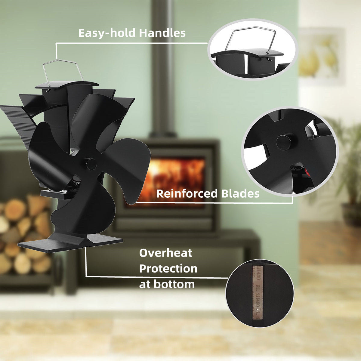 4 Blade Stove Fan VDSF684B - Efficient Heat Circulation for Fireplace, Wood Stove & Home Heating - Quiet & Energy Saving Eco-Friendly Design