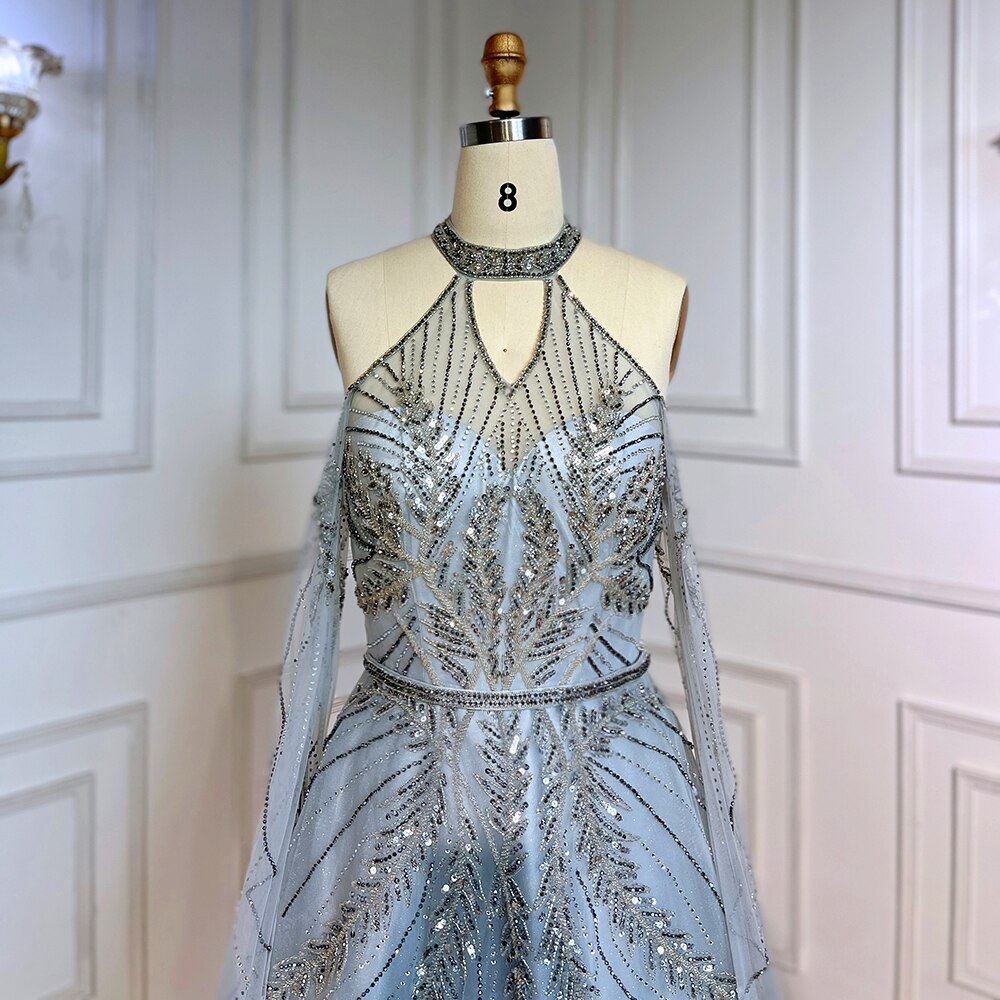 Elegant Silver Blue A-Line Beaded Evening Gown with Cape Sleeves for Women - Luxury Arabic Party Dress 2025 | Perfect for Weddings, Galas & Formal Events (Style LA71828)