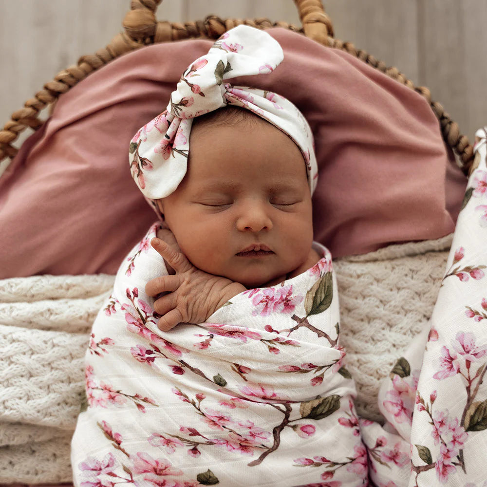 Organic Cotton Muslin Baby Wrap - Soft & Breathable Swaddle Blanket for Newborns & Infants - Cherry Blossom Print - Perfect for Swaddling, Nursing & Cuddling