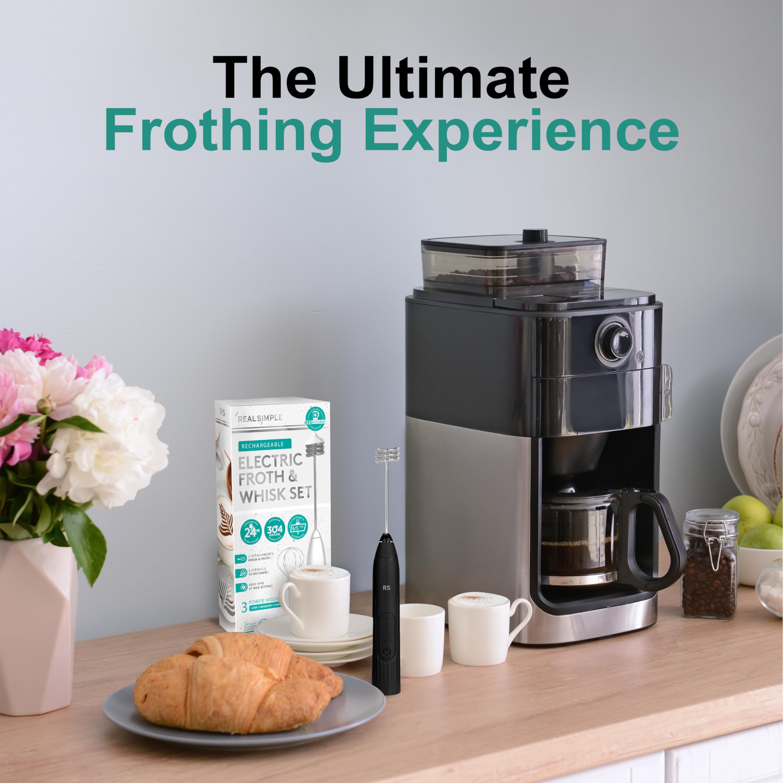 USB Rechargeable Milk Frother and Whisk Set with Stainless Steel Attachments - 5 Coffee Stencils Included | Handheld Electric Milk Frother for Lattes, Cappuccinos & Hot Chocolate | Perfect for Home, Office & Coffee Shops | Black