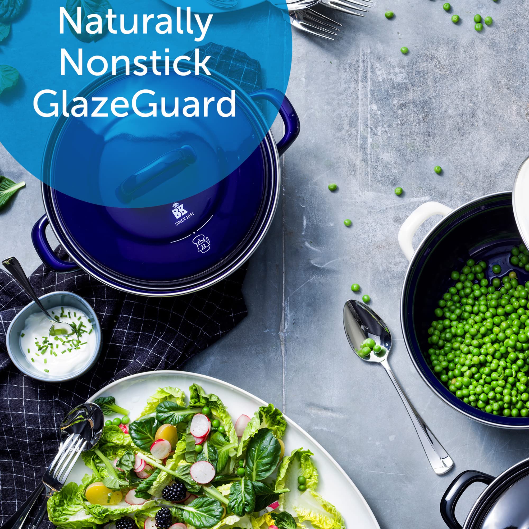 BK Indigo Dutch Heritage Round German Enameled Casserole Pot with Lid - PFAS-Free Ceramic Non-Stick Coating, 26cm/5.2L, Induction, Dishwasher & Oven Safe, Cream - Perfect for Soups, Stews & Baking