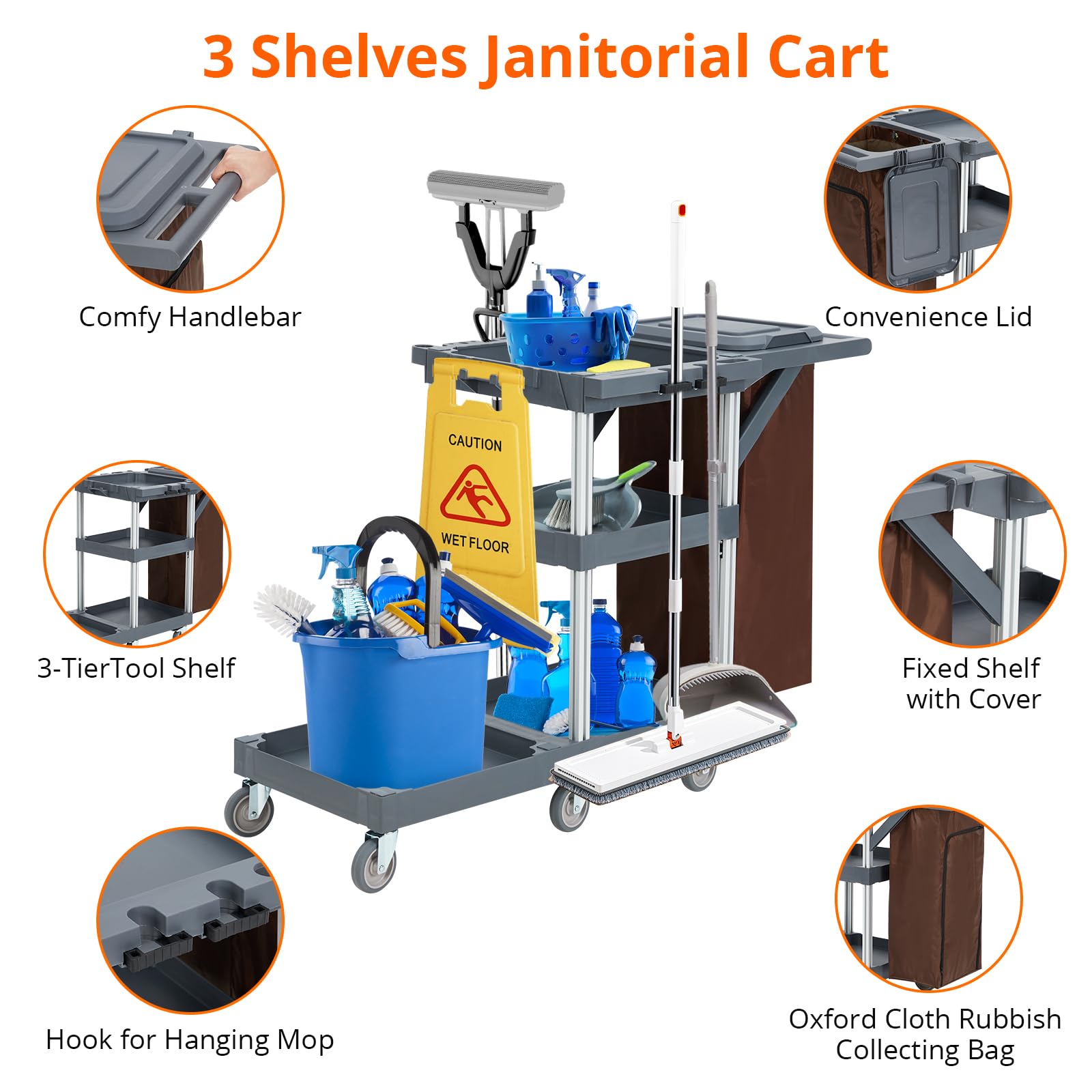 Commercial Janitorial Cleaning Cart with Wheels - Black Housekeeping Utility Cart with Cover, Shelves & Vinyl Bag | Ideal for Hotels, Hospitals & Office Cleaning