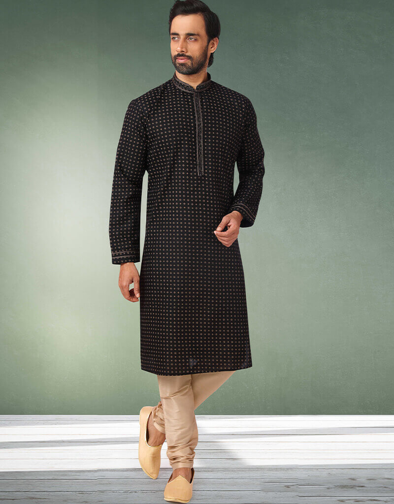 Premium Black Straight Kurta - Handloomed Cotton Churidar Set for Men | Traditional Indian Ethnic Wear for Festivals, Weddings & Cultural Events