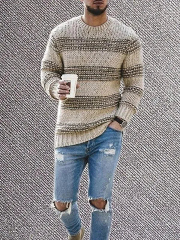 Men's Striped Round Neck Pullover Sweater - Casual Winter Knitwear for Office, Outdoors & Daily Wear