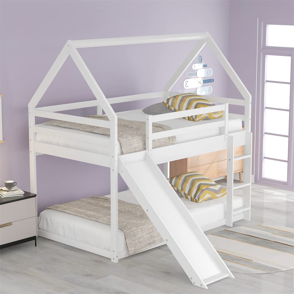 Solid Wood Twin Over Twin Bunk Bed with Slide & Ladder - Low Loft Bed Frame with Safety Guardrail & Underbed Storage - No Box Spring Needed - Space-Saving Kids Bedroom Furniture for Boys & Girls - Perfect for Small Rooms, Shared Kids' Bedrooms & Vacation Homes (White)