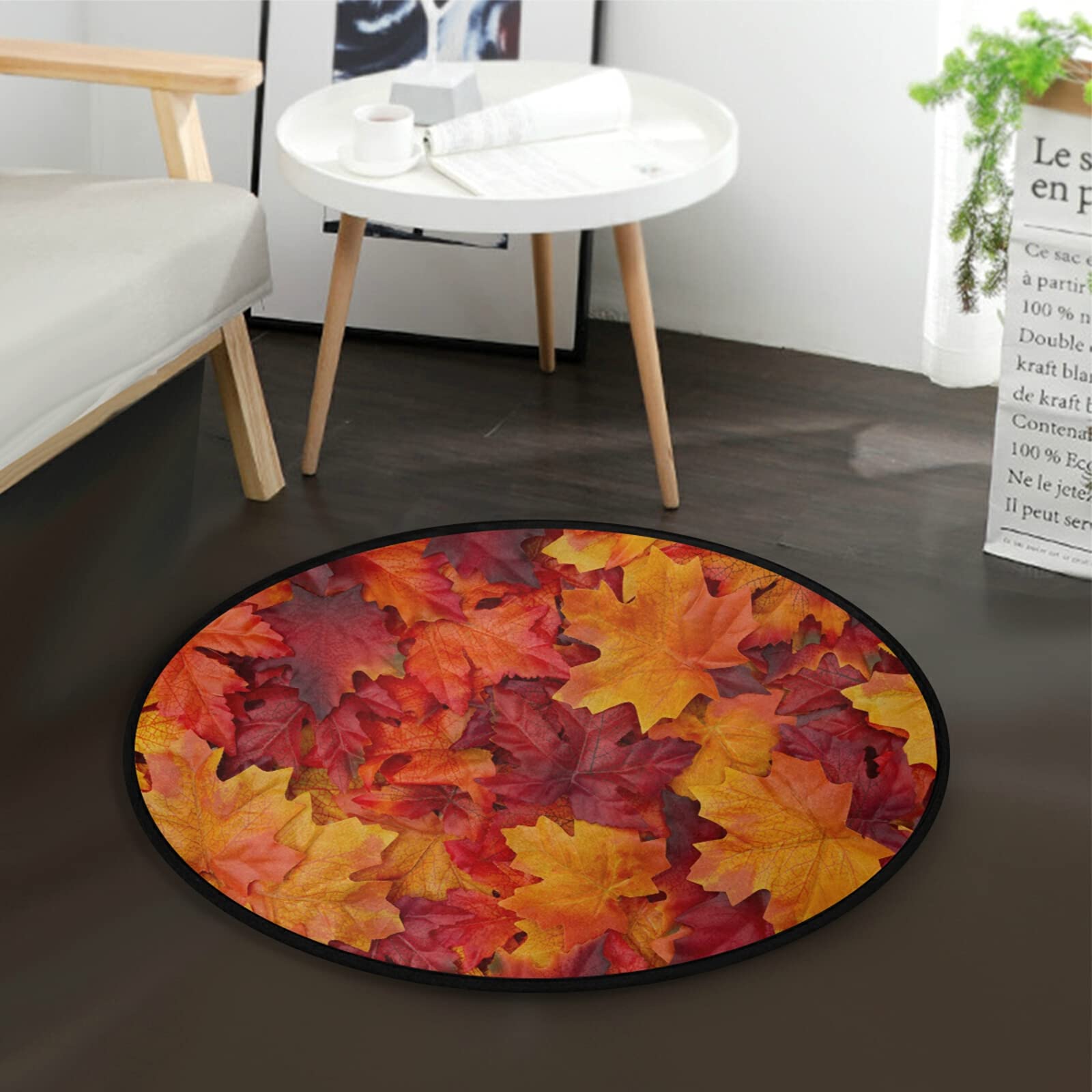 ALAZA Autumn Maple Leaves Thanksgiving Round Area Rug - 3' Diameter (92 cm) Non-Slip Living Room & Bedroom Rug for Fall Decor, Home Decor, Seasonal Celebration