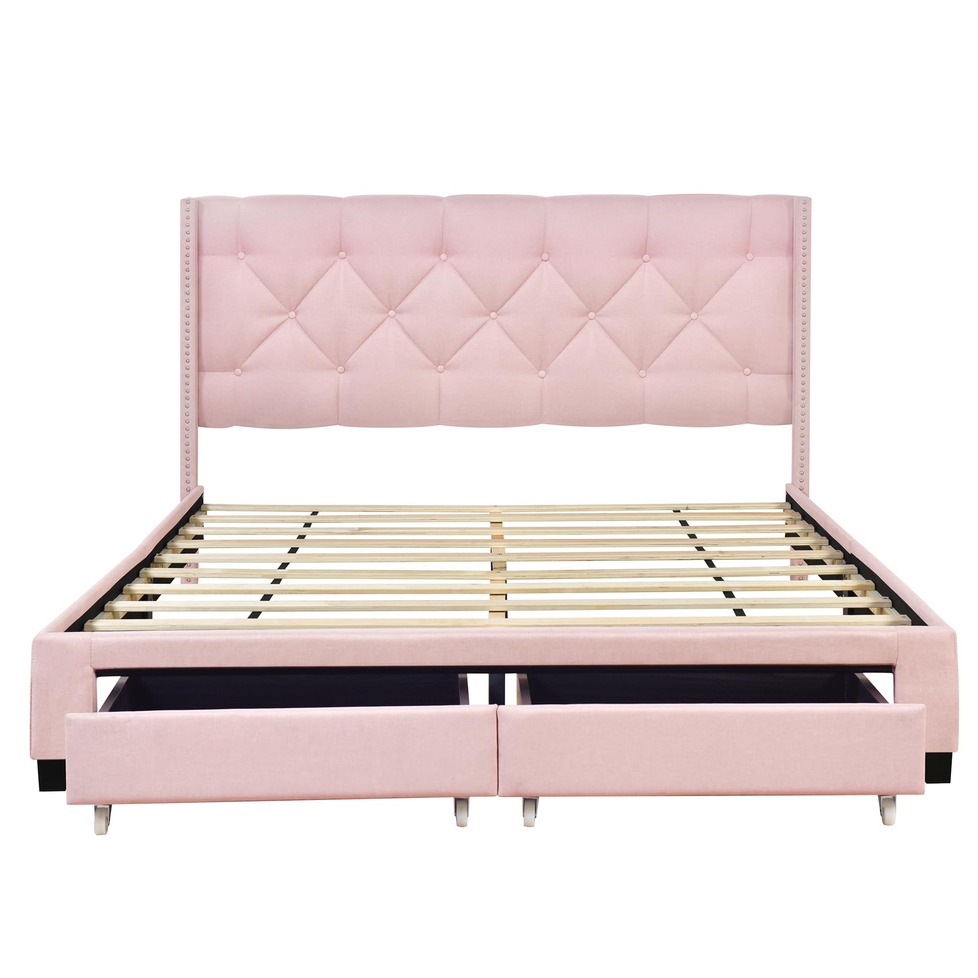 Merax Queen Size Linen Upholstered Platform Bed Frame with 2 Storage Drawers & Headboard - Pink Upholstered Bed for Teen Girls & Boys Bedroom | Modern Space-Saving Storage Solution for Small Rooms