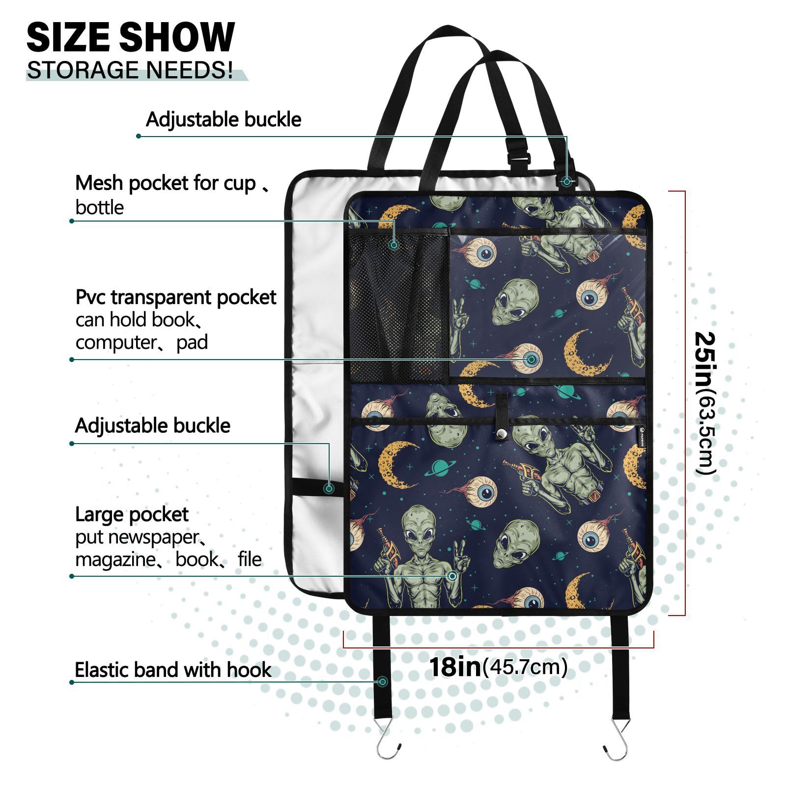 Alien Element Print Car Seat Back Organizer - 2 Pack Seatback Protector with Multiple Pockets for Tablet, Bottle, Tissue & Books (25x18 IN) - Perfect for Road Trips, Family Travel & Daily Commute