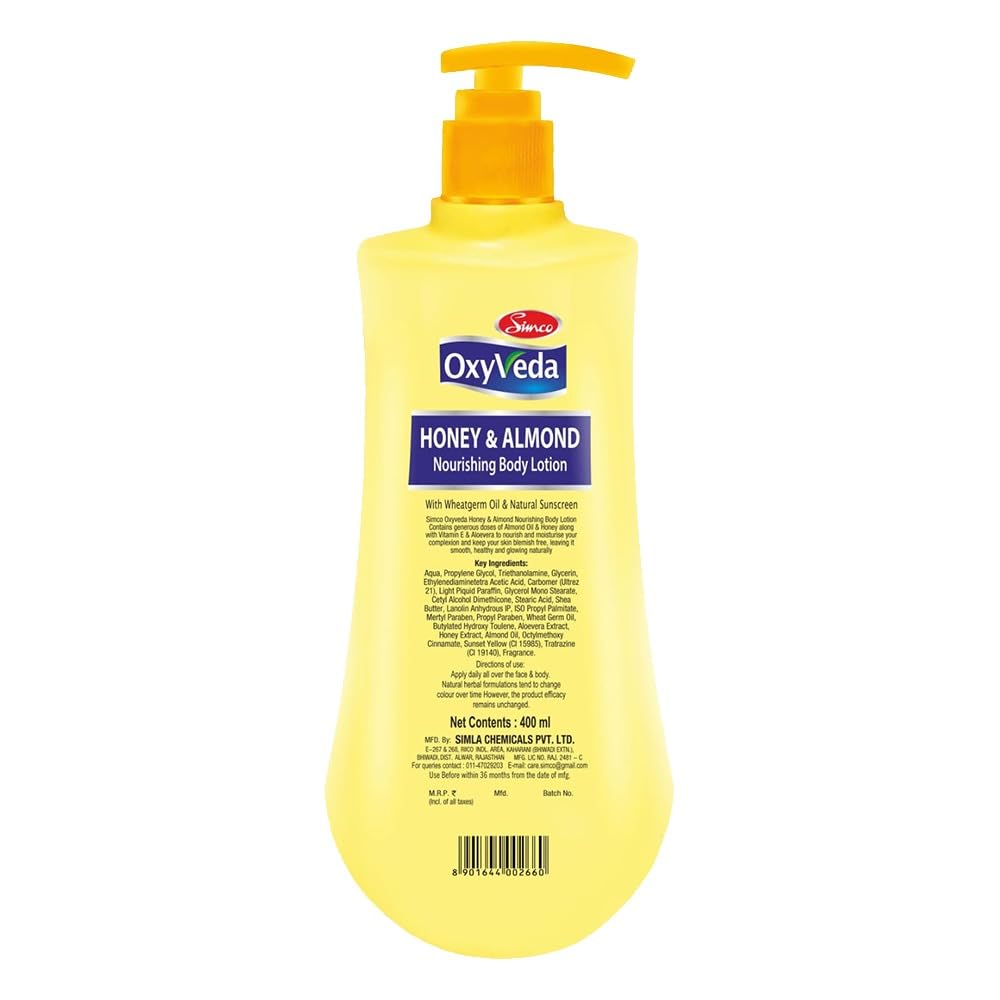 Simco Oxyveda Honey & Almond Nourishing Body Lotion 400ml - Hydrating Moisturizer with Natural Honey & Almond Oil for Smooth, Healthy Skin - Perfect for Daily Skincare Routine & Dry Skin Relief