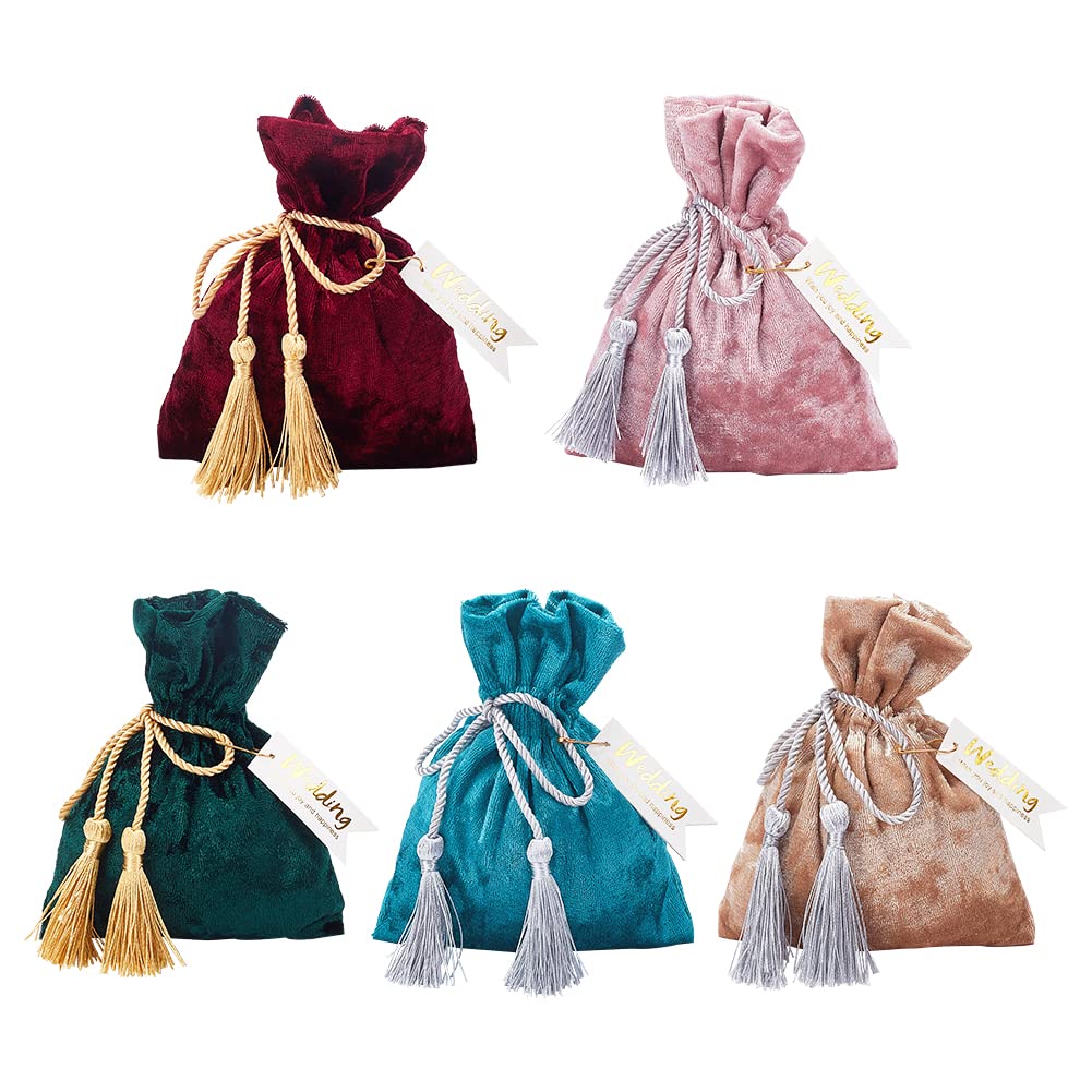5-Pack Velvet Jewelry Bags with Tassel - 4x5.5 Inch Drawstring Gift Bags for Wedding Favors, Baby Shower, Christmas Advent Calendar | Elegant Storage Bags for Jewelry, Candy, Treats & Keepsakes | Perfect for Party Favors, Bridesmaid Gifts & Special Occasions