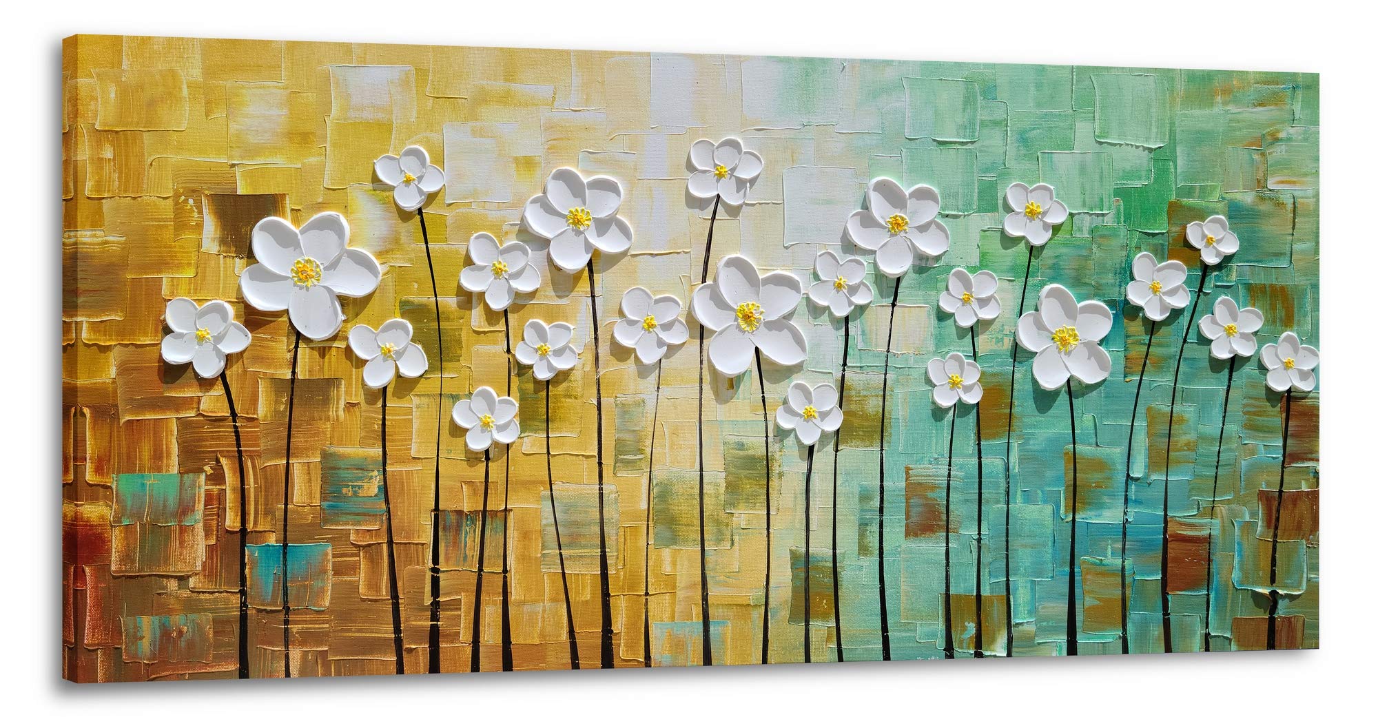 SYGALLERIER White Floral Canvas Wall Art - Hand Painted Heavy Textured Oil Painting in Teal & Yellow - Modern Abstract Artwork for Living Room, Bedroom, Dining Room Decor - Perfect for Home, Office & Gift Giving