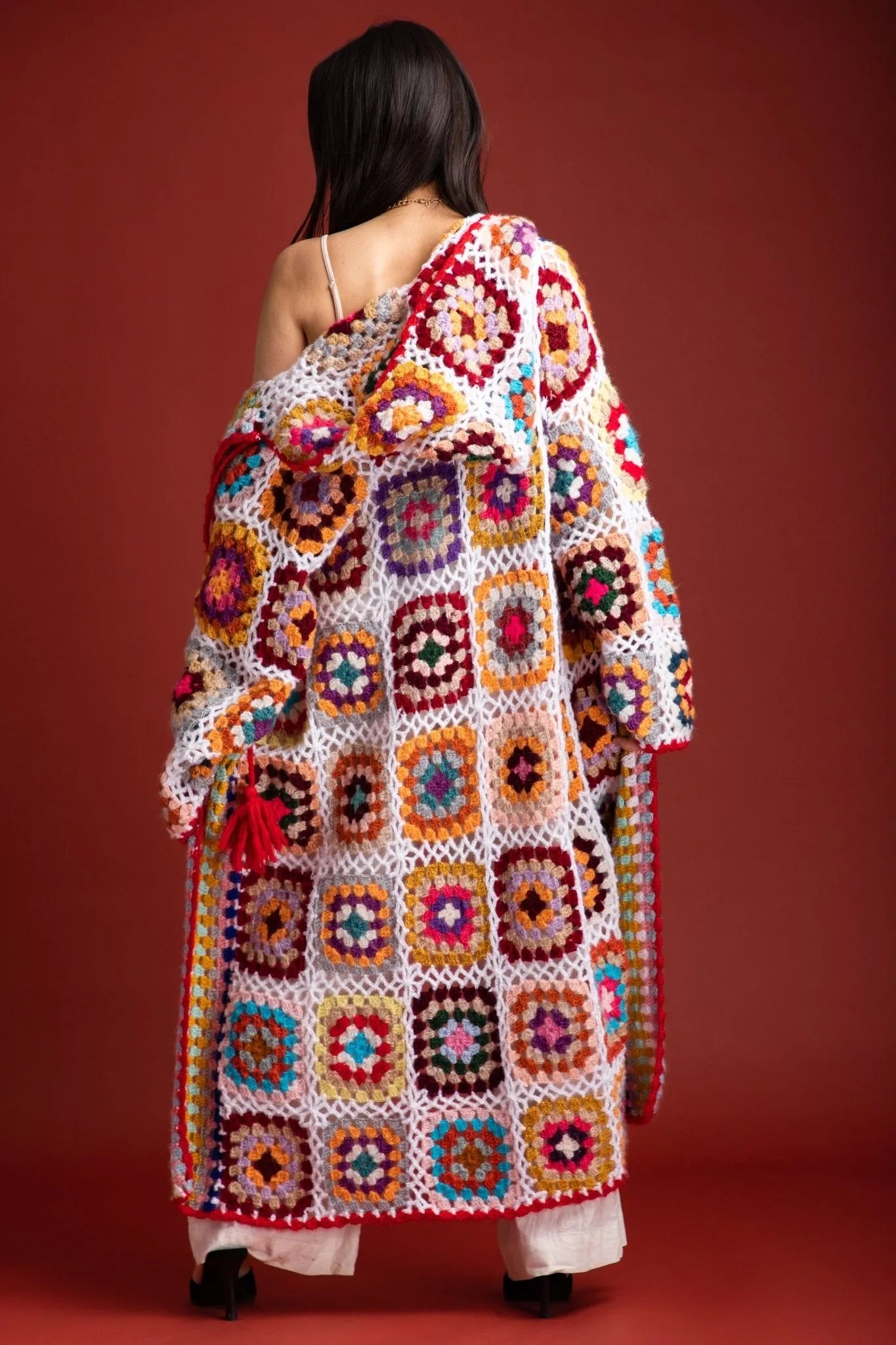 Stylish Hooded Granny Square Crochet Kimono Cardigan - Boho Chic Lace-Up Cover Up for Women - Perfect for Beach, Festival & Casual Wear
