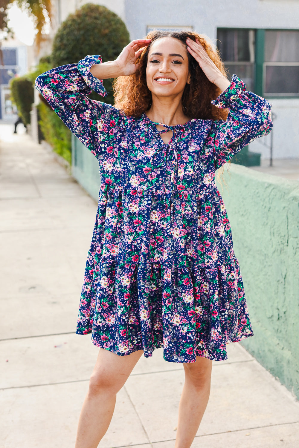 Joyful Navy Floral Bow Tie Babydoll Long Ruffle Sleeve Dress for Women - Elegant Party, Wedding Guest & Special Occasion Outfit