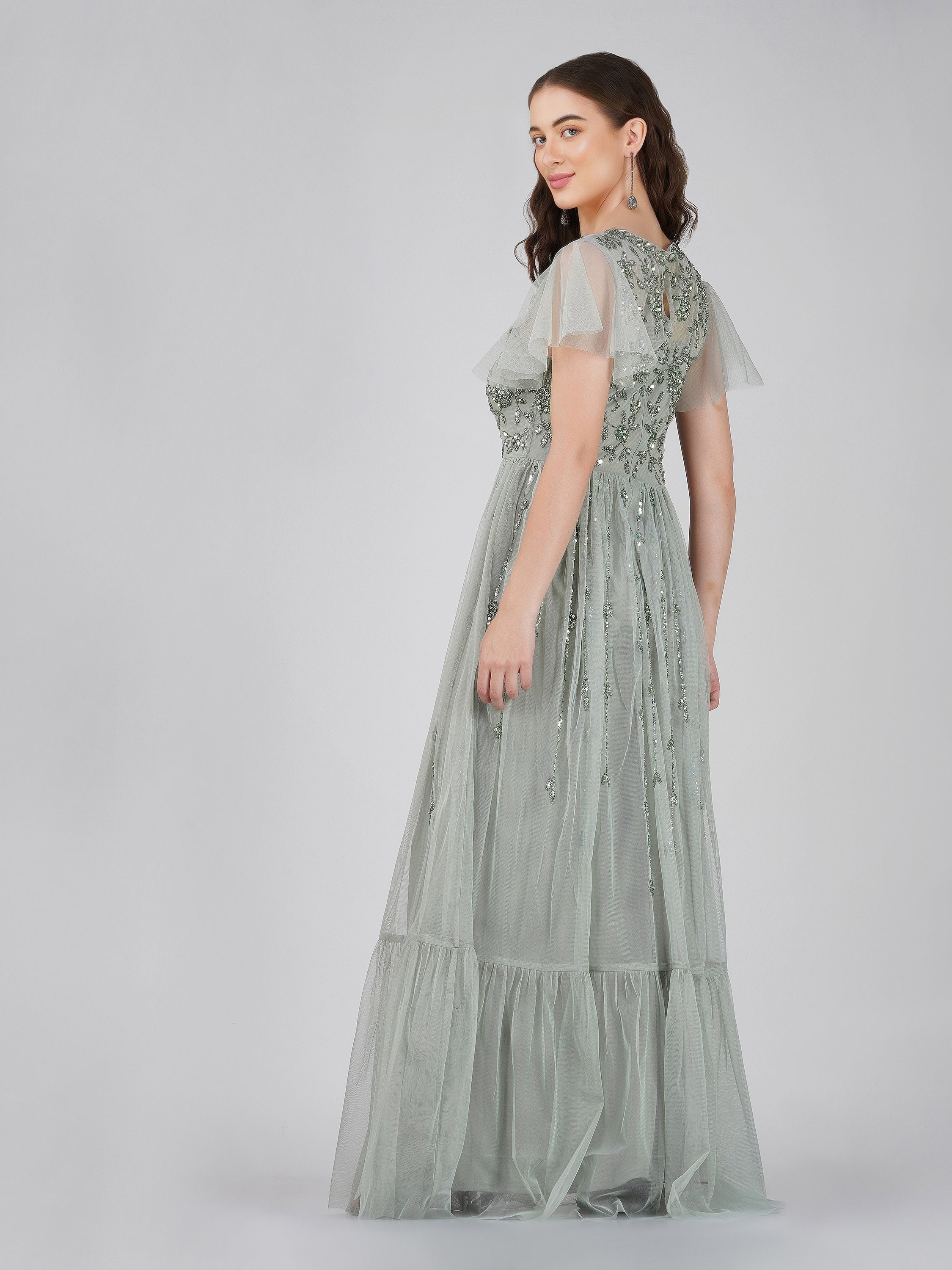 Marly Sage Green Embellished Maxi Dress for Women - Elegant Long Flowy Evening Gown with Intricate Details - Perfect for Weddings, Parties & Special Occasions