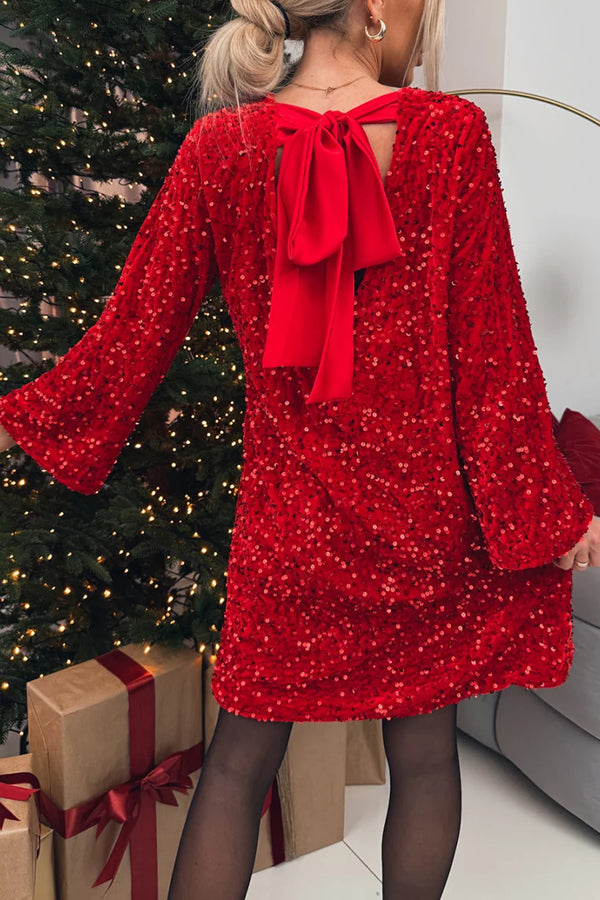 Velvet Sequin Back Bow Bell Sleeves Loose Mini Dress - Elegant Party Wear for Women, Perfect for Christmas, New Year, Prom & Special Occasions