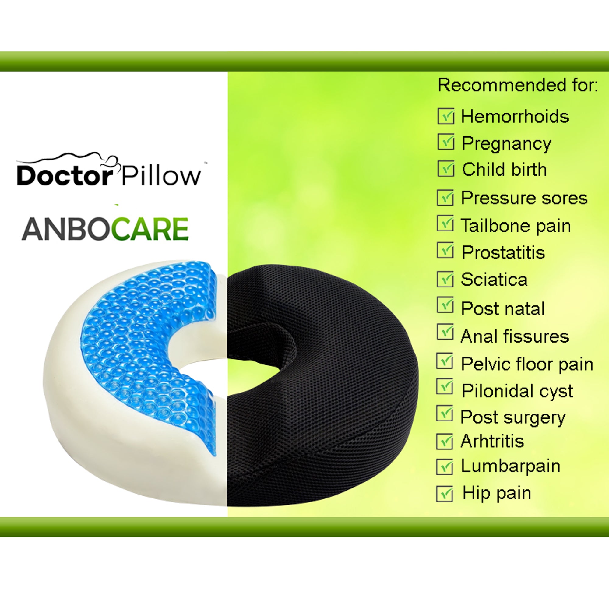 Dr. Pillow Anbocare Orthopedic Donut Seat Cushion - Pressure Relief for Tailbone Pain, Hemorrhoids & Post-Surgery Recovery - Perfect for Office Chairs, Car Seats & Wheelchairs