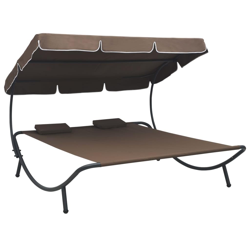 vidaXL Patio Lounge Bed - Extra Large Outdoor Relaxation Bed with Canopy & 2 Pillows - Weather-Resistant Oxford Fabric - Brown - Perfect for Poolside, Garden, or Backyard Lounging
