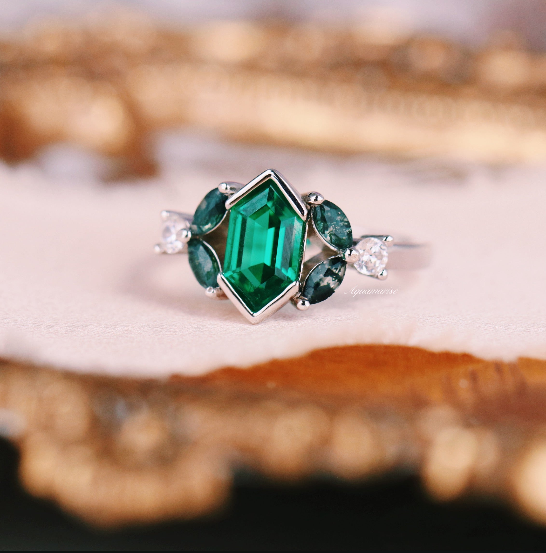 Hexagon Emerald & Moss Agate Leaf Ring - Sterling Silver Jewelry for Women, Nature-Inspired Bohemian Style, Perfect for Weddings & Everyday Wear
