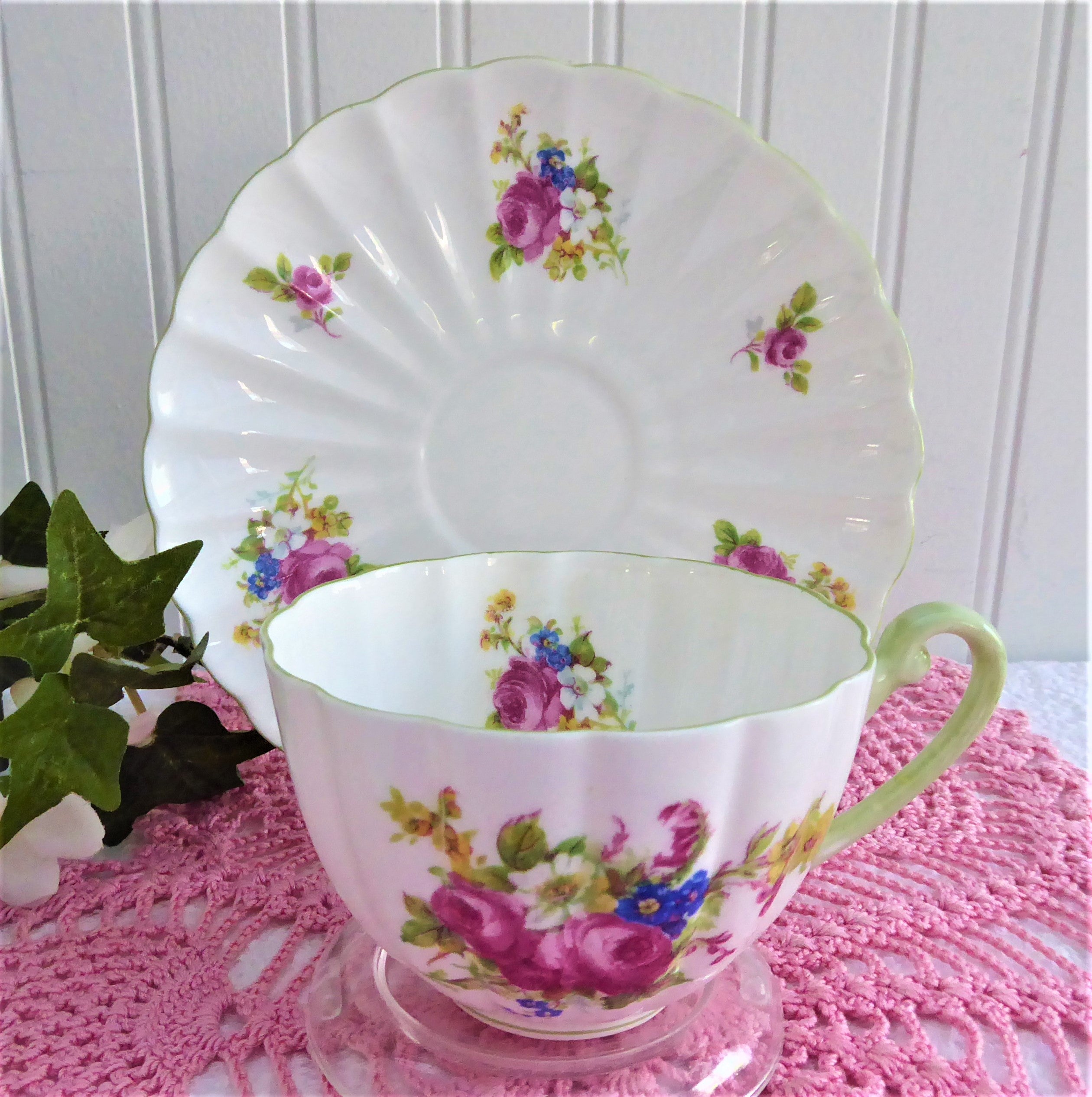 Vintage Shelley Hulmes Rose Cup and Saucer Set - English Bone China with Green Trim, Ludlow Shape - Perfect for Afternoon Tea, Bridal Showers & Collectible Display