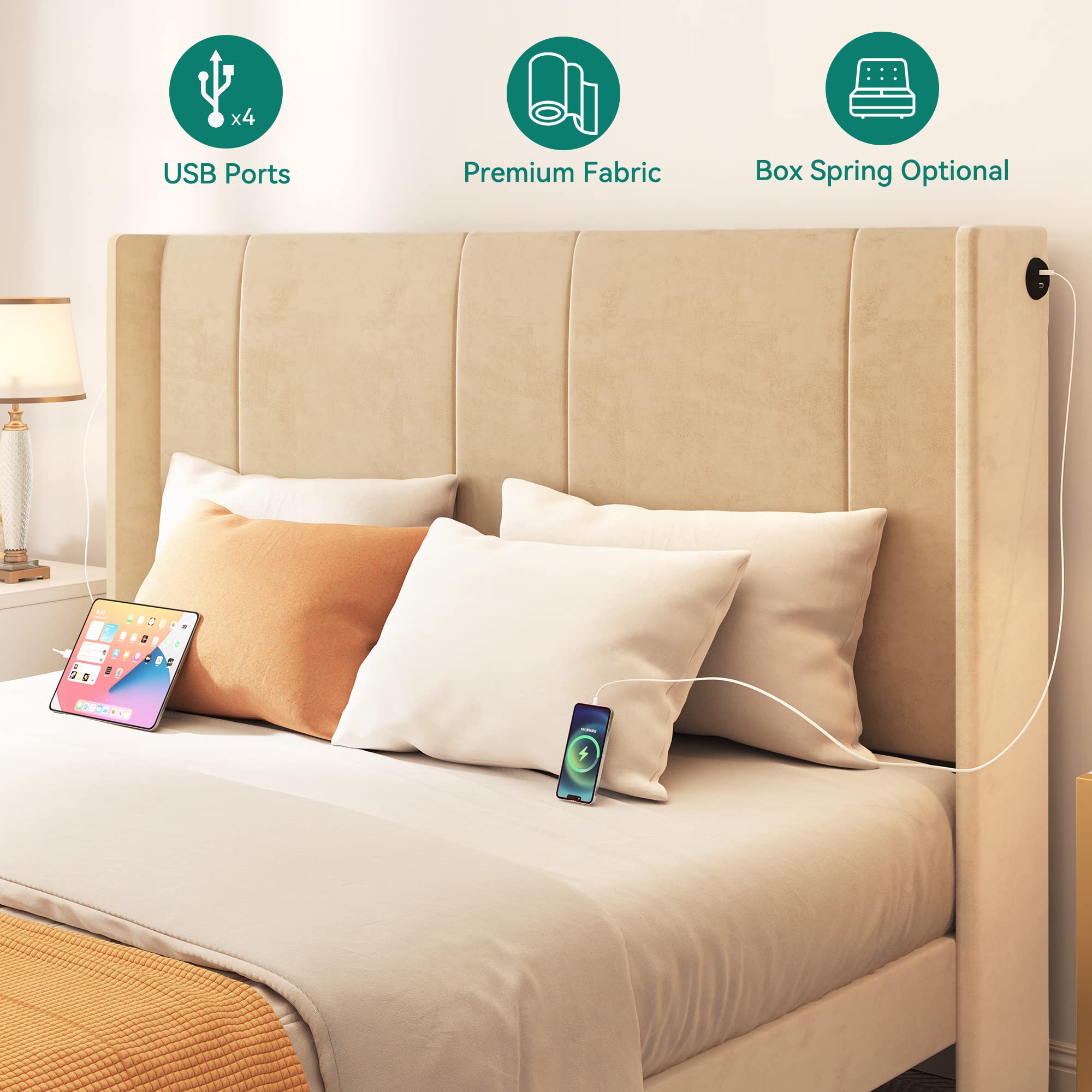 YITAHOME Queen Size Upholstered Platform Bed Frame with Storage Drawers & USB Charging Stations - Beige Modern Bed with Headboard & Wood Slat Support, No Box Spring Needed - Perfect for Small Bedrooms, Guest Rooms & Apartments