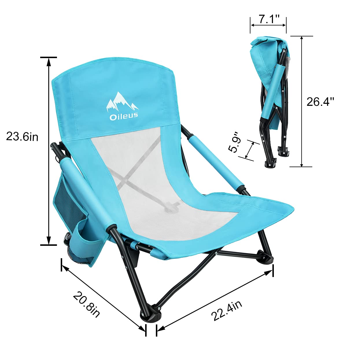 Oileus Ultralight Folding Beach Chair - Portable Low Profile Recliner with Cup Holder & Storage Bag for Camping, Beach, Backpacking & Outdoor Adventures - Compact Design with Breeze Mesh Back (2-Pack) - Perfect for Relaxing at the Shore, Picnics, and Backyard Lounging
