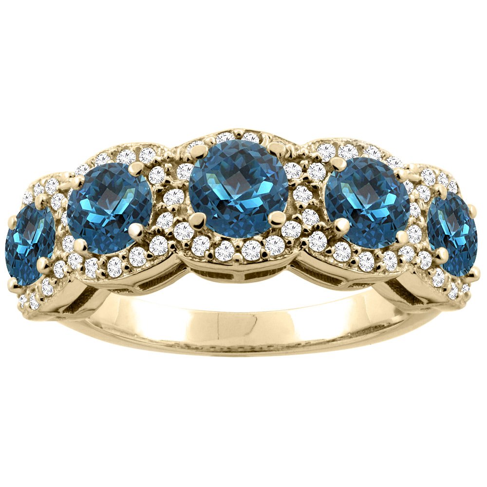 14K Gold Natural London Blue Topaz 5-Stone Ring - Round 4mm Gemstone, Size 5-10 - Elegant Jewelry Gift for Women, Perfect for Engagement, Anniversary & Special Occasions