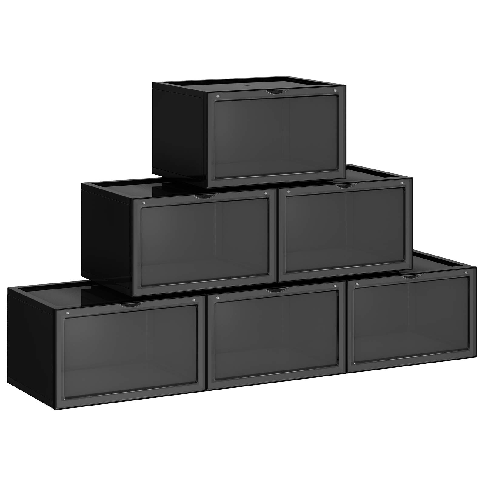 SONGMICS 6-Pack Stackable Clear Shoe Box Organizers with Door - Plastic Sneaker Storage for US Size 12 (14.2 x 11 x 8.7 Inches) - Perfect for Closet, Bedroom & Entryway Organization - Black ULSP06CB