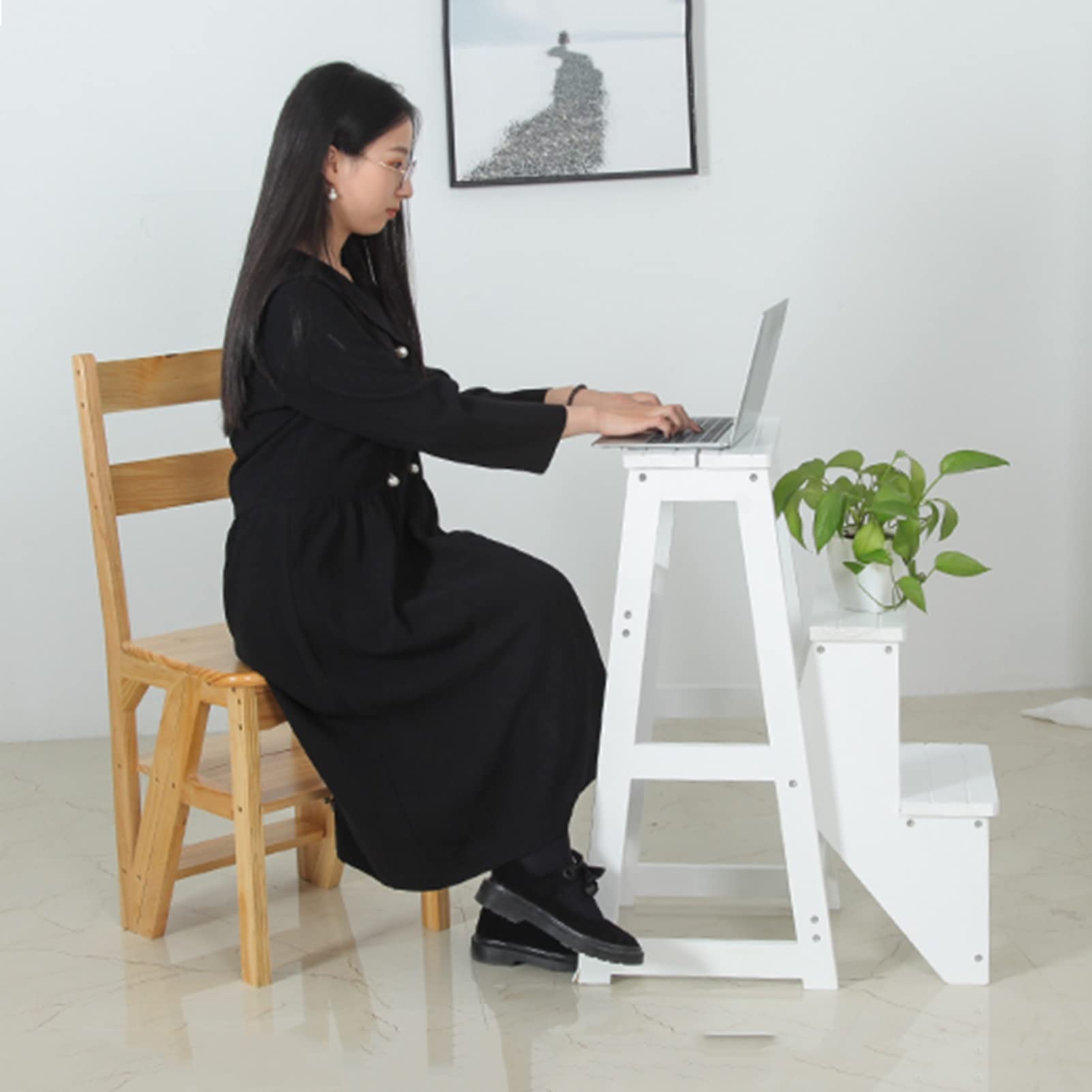 XHALERY 3-Step Wooden Stool Ladder - Foldable Multifunctional Step Stool for Home, Kitchen, Bathroom & Storage - Compact Wooden Step Ladder with Shelf Support for Plants & Decor