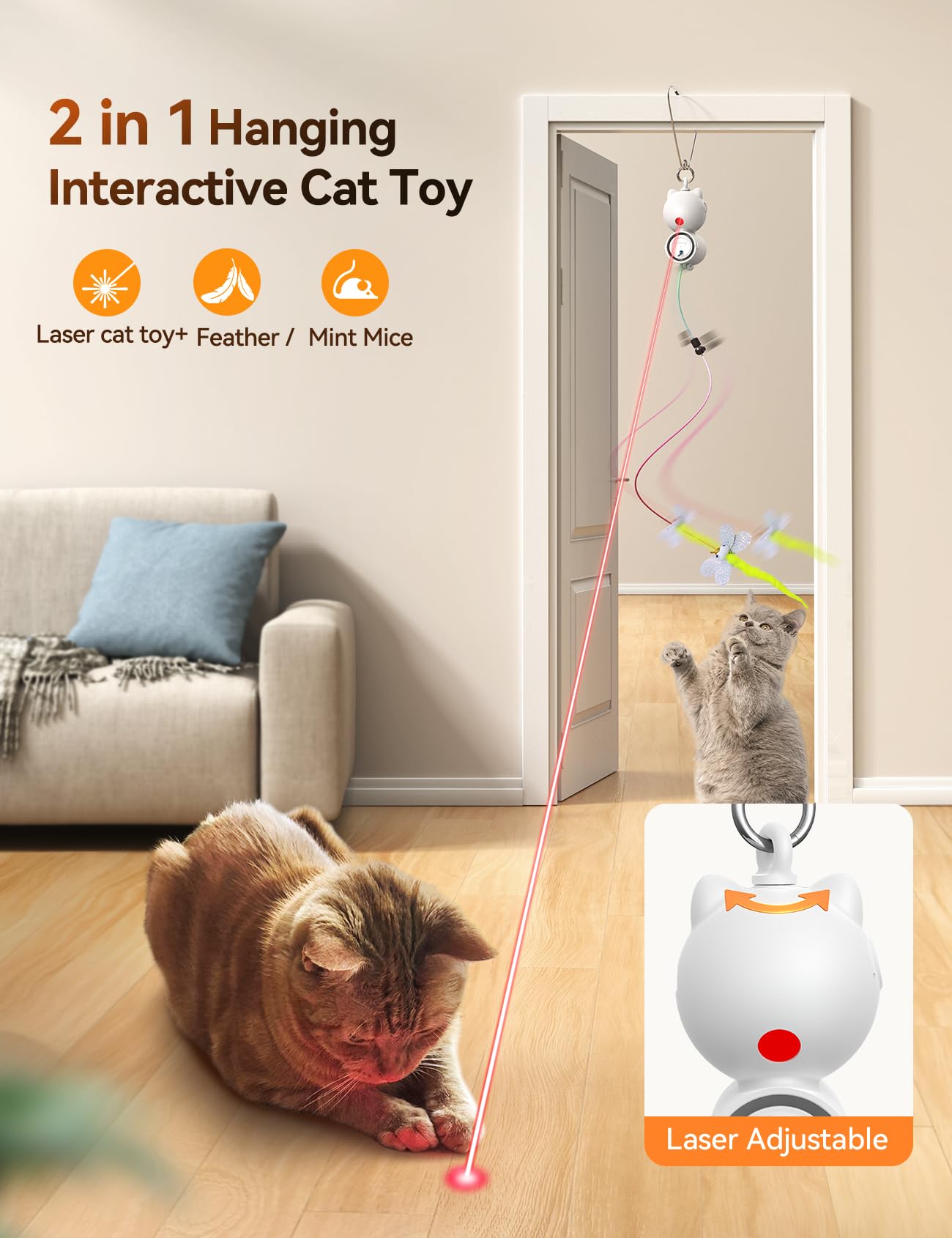 Interactive LED Cat Toys with Bells - 8 PCS Feather & Mouse Teaser Refills for Indoor Cats - Hanging Kitten Exercise Toys for Adult Cats - Perfect for Playtime & Boredom Relief (Silver)