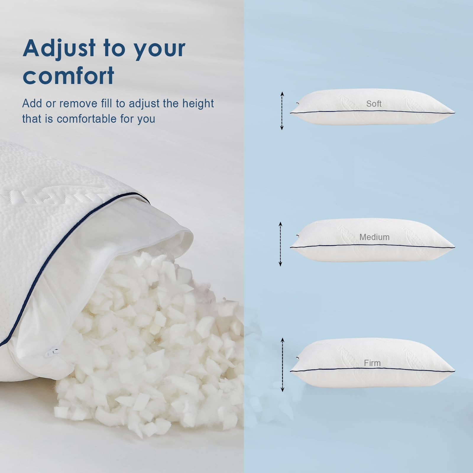 APSMILE King Size Shredded Memory Foam Pillows Set of 2 - Adjustable Cooling Pillows for Neck Pain Relief, Hotel Quality Firm Bed Pillows for Side & Back Sleepers (White, 18