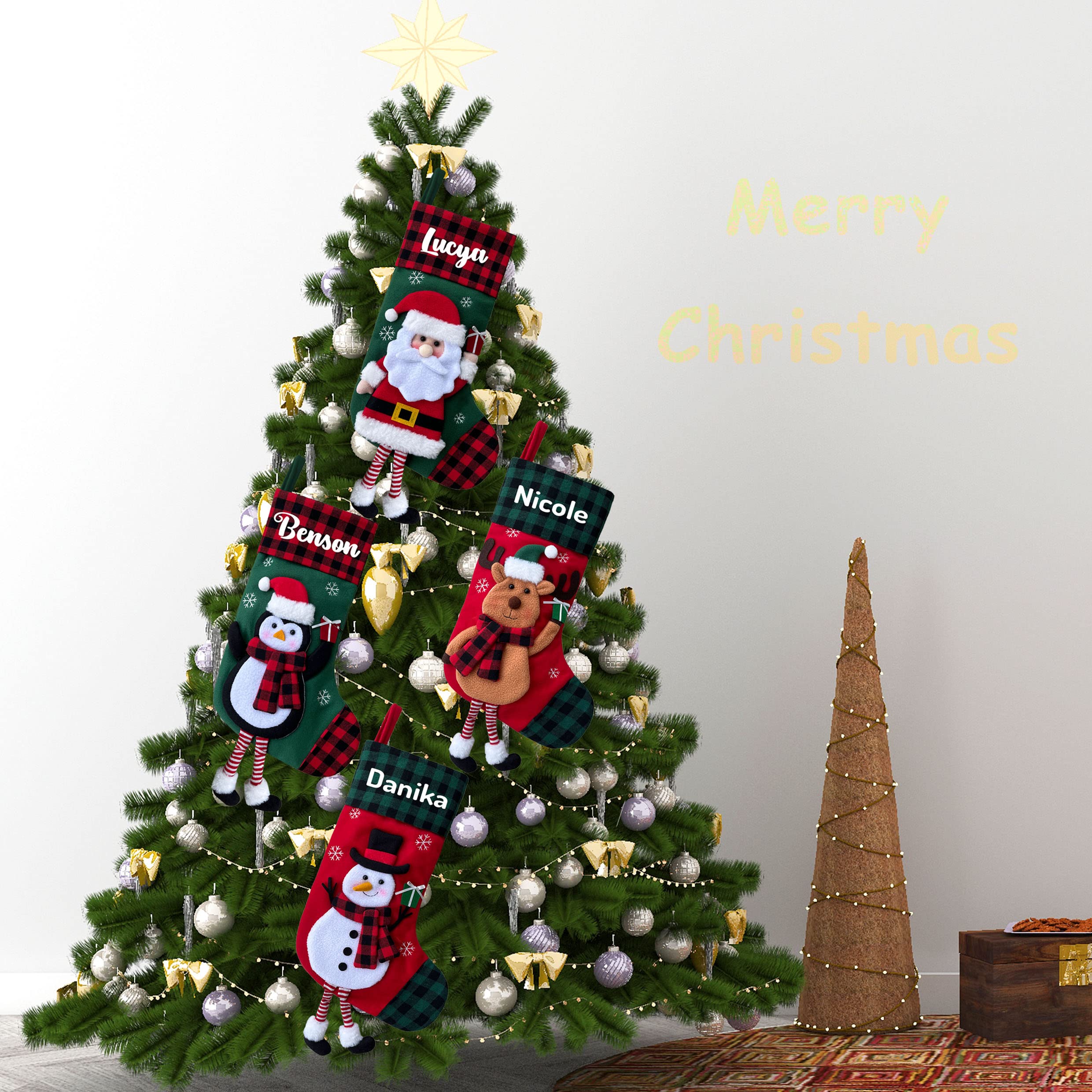 2 Pack Personalized Christmas Stockings - 3D Buffalo Plaid Red & Green Large Fireplace Hanging Stockings for Holiday Decor - Family Xmas Stocking Set of 2 - Perfect for Fireplace Mantel, Staircase & Festive Home Decor