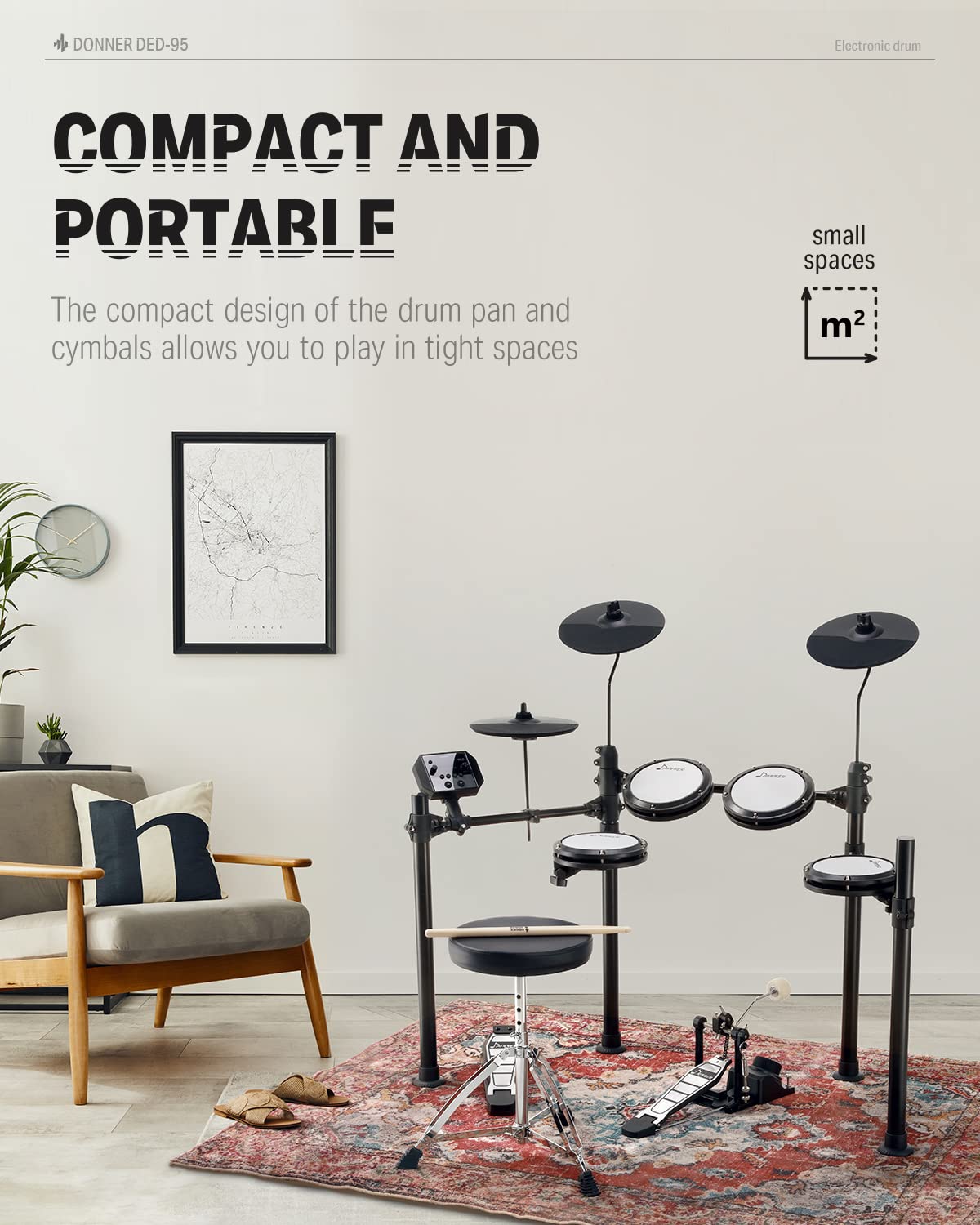 Donner DED-95 Electronic Drum Set for Beginners - 180 Sounds, Quiet Mesh Pads, Kick Drum, Drum Throne, Sticks & Headphones Included - Perfect for Home Practice, Studio Recording & Music Learning with 40 Free Melodics Lessons (Black)
