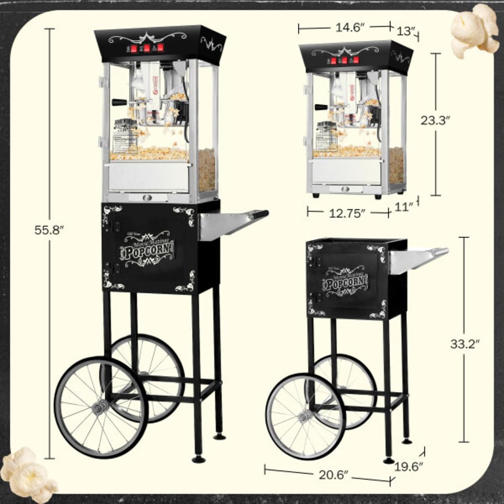 Great Northern Popcorn Matinee 8oz Commercial Popcorn Machine with Cart - Stainless Steel Kettle, Warming Light & Accessories - Perfect for Movie Nights, Parties & Concession Stands (Black)
