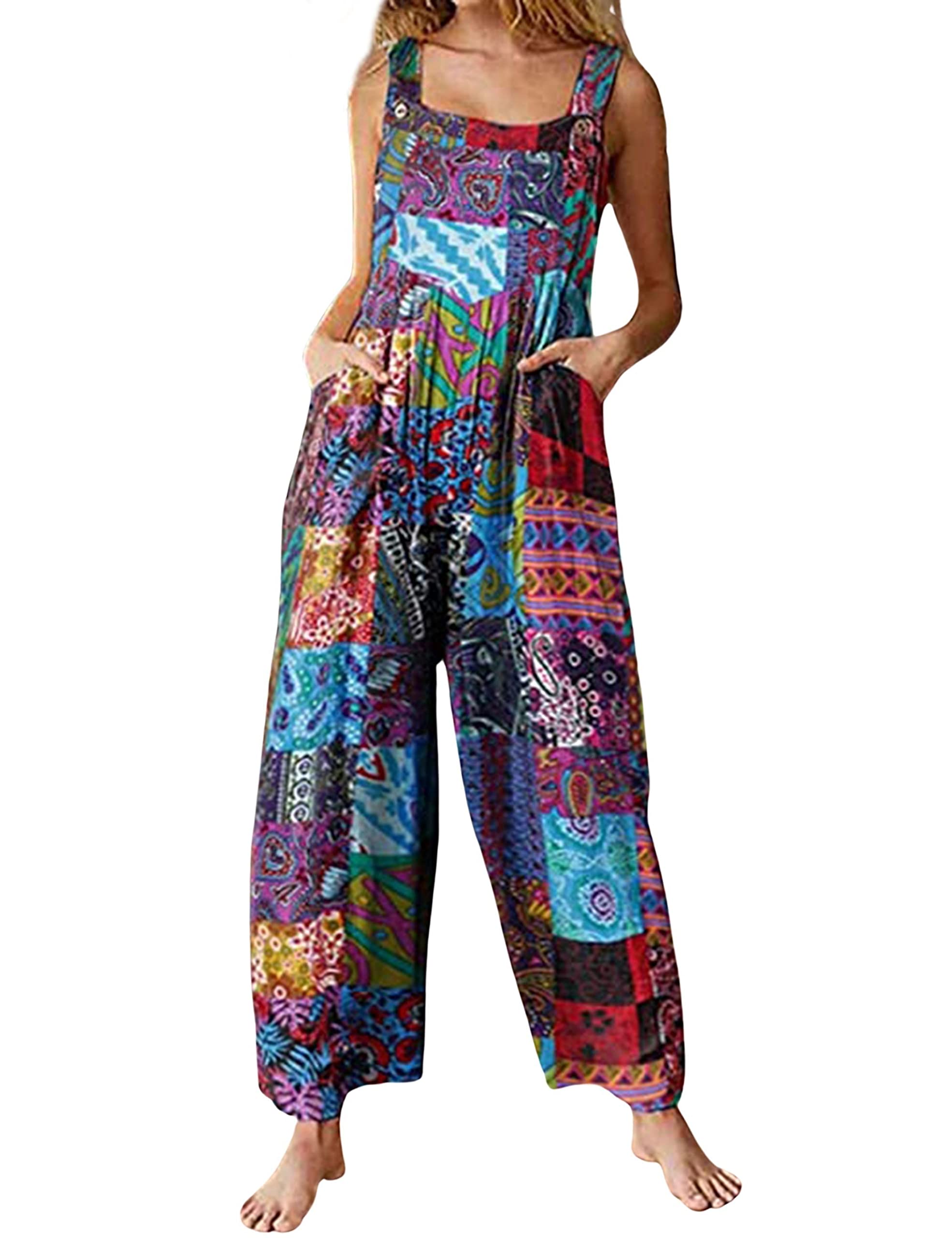 Fiona Jolin Women's Summer Boho Floral Loose Wide Leg Jumpsuit with Pockets - Patchwork Bib Overalls for Casual Outings & Music Festivals