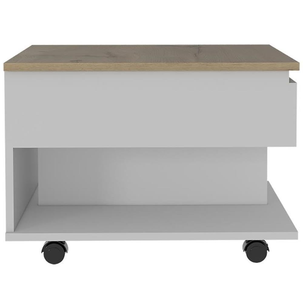 Tuhome Luanda Lift Top Coffee Table with Casters and Storage Shelf, White/Light Oak - Perfect for Living Room, Office, and Small Spaces